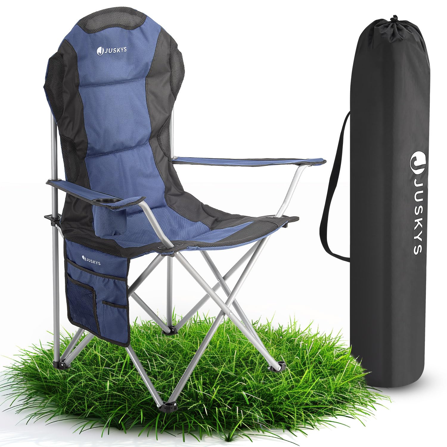 Juskys Campingstuhl Lido faltbar mit Getränkehalter, Seitentasche & Tragetasche – Blau