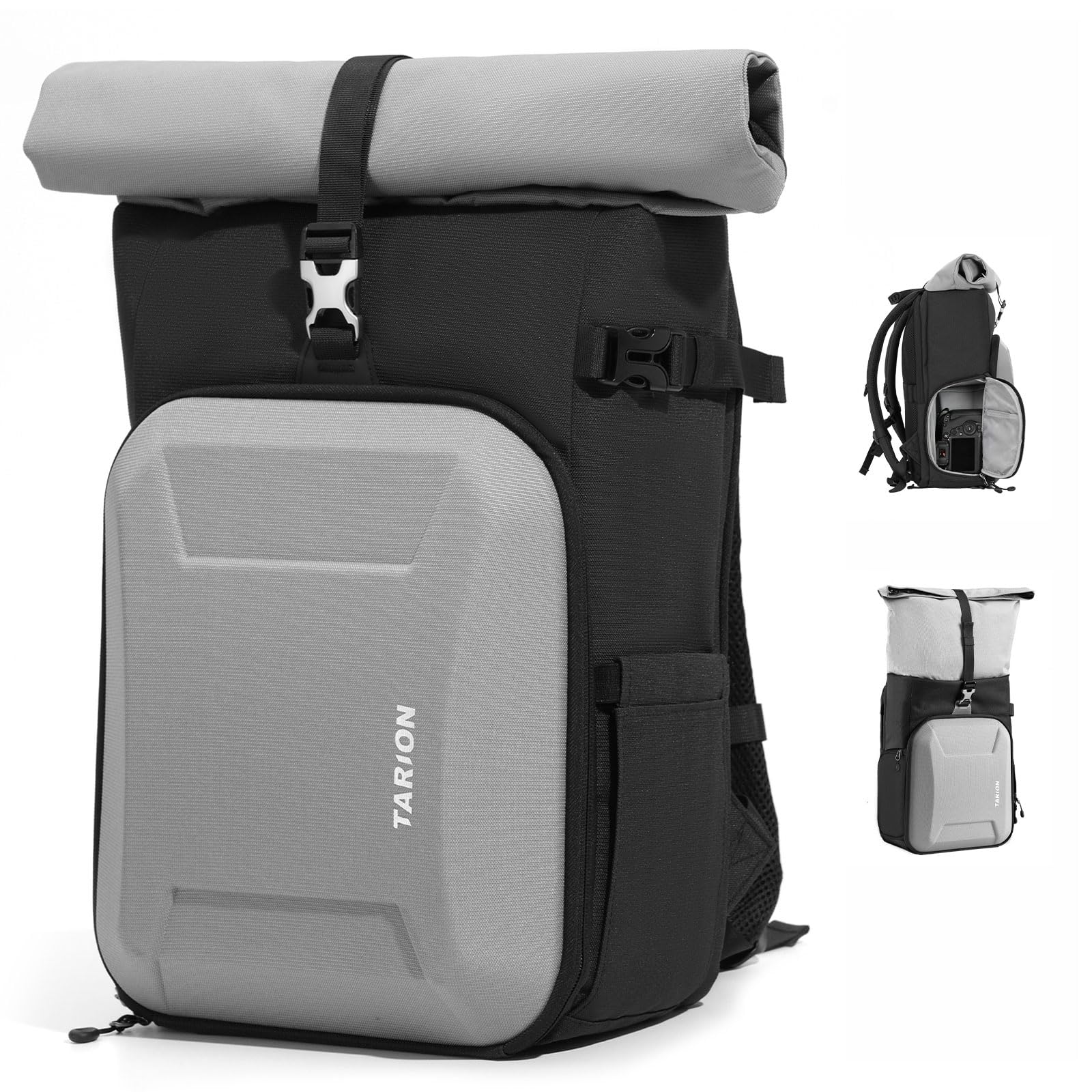 TARION Rolltop Mochila Cámara con Hardshell - Gran Bolsa Fotográfica con Funda Portátil 16 Pulgadas y Acceso Lateral Rápido - Mochila Fotografía DSLR con Cubierta Impermeable Soporte Trípode Gris XH