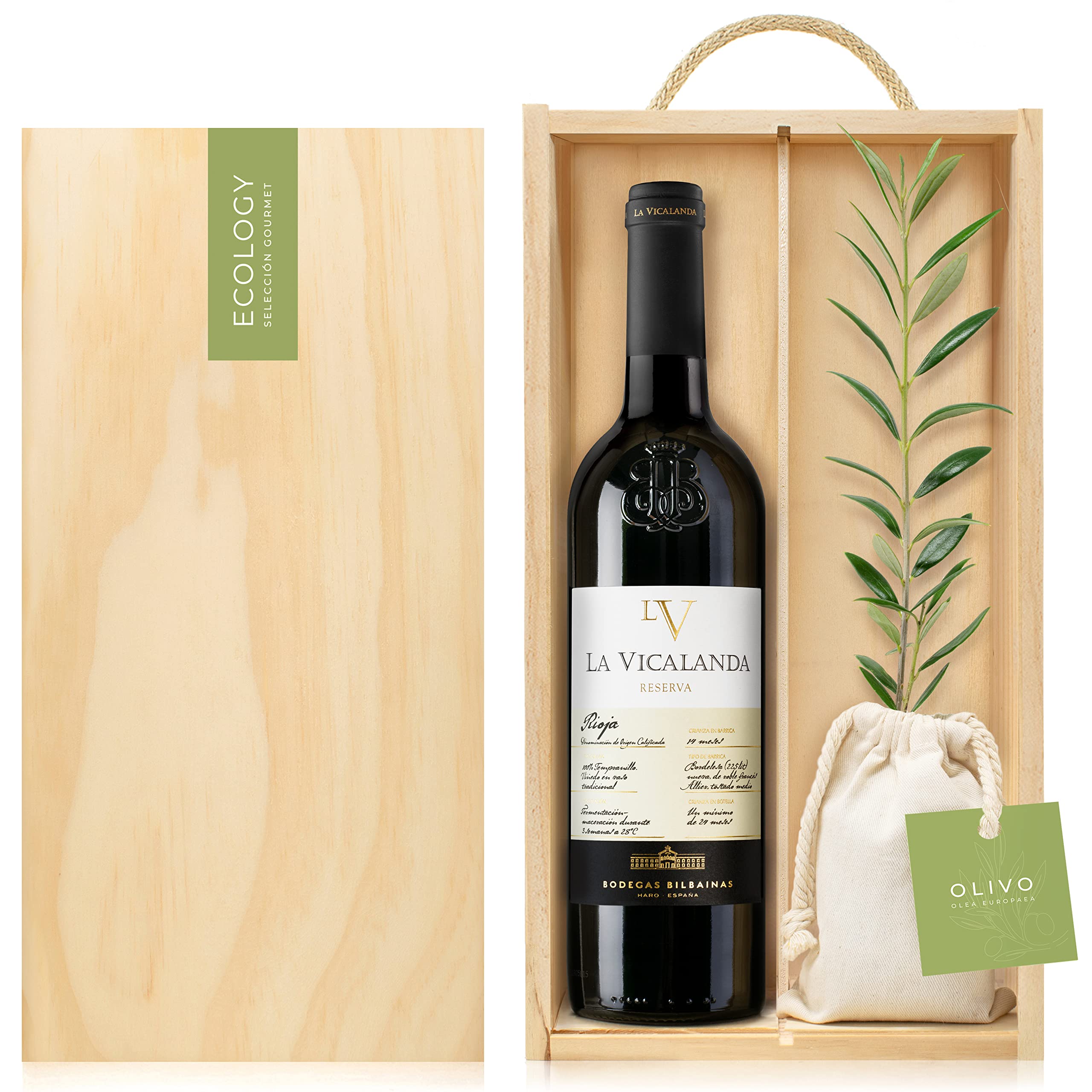 Set Gourmet Regalo Vicalanda Reserva con árbol olivo natural para plantar y vino tinto Rioja – Estuche vino regalo – Regalos originales y naturales