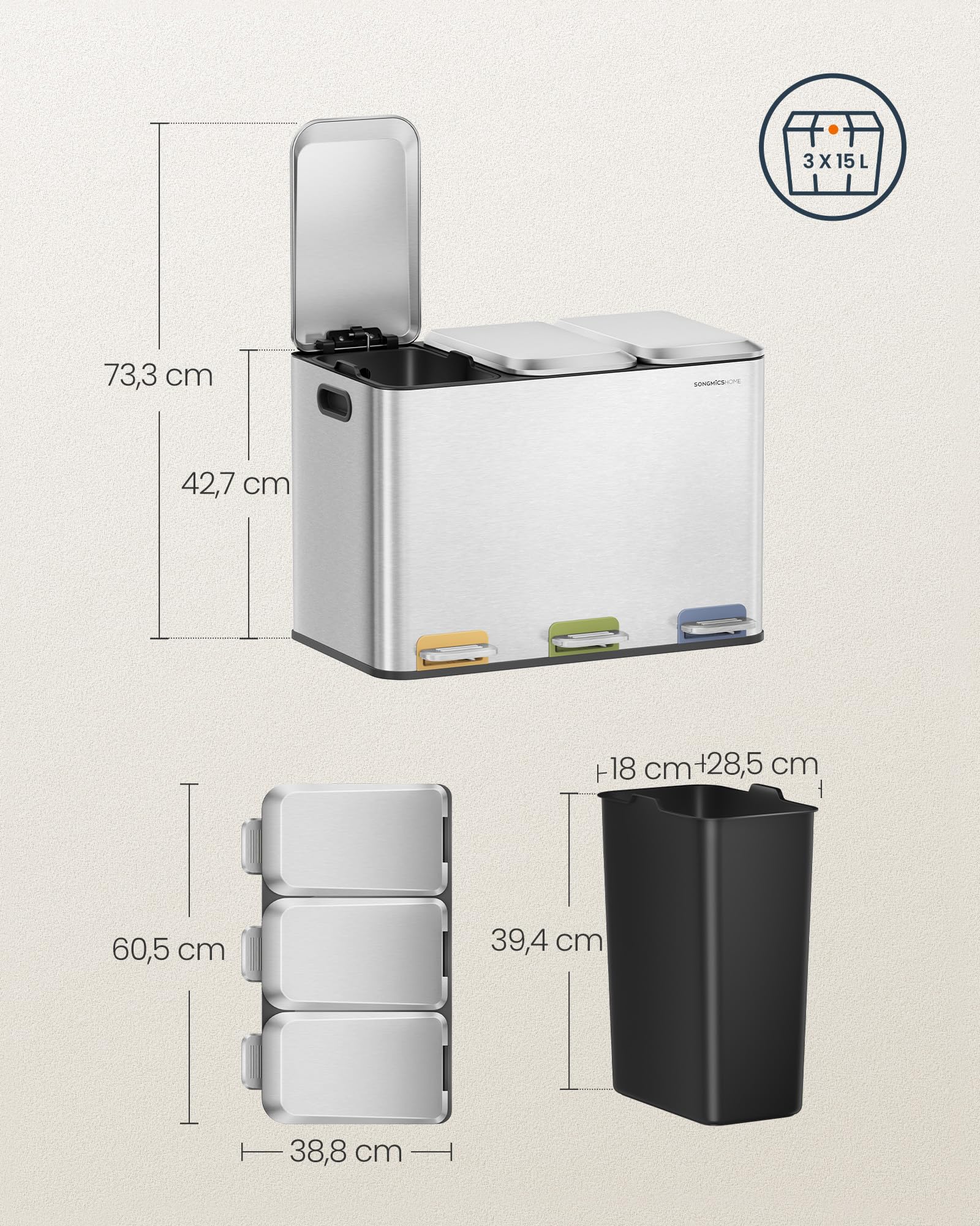 SONGMICS HOME Cestino da Cucina Tripla, Pattumiera per Raccolta Differenziata 3 x 15 L con Pedali Colorati, Raccolta Differenziata, Coperchio e Secchi Interni, Acciaio, Argento Metallizzato