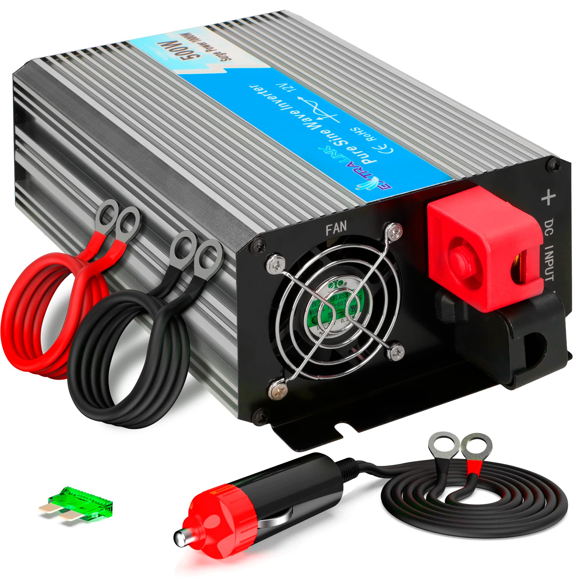 EXTRALINK Inverter 12V 220V onda pura 500W, trasformatore 220v 12v, protezione 4 livelli, ventola silenziosa, porta USB, presa accendisigari – per auto, camper, dispositivi sensibili, solar