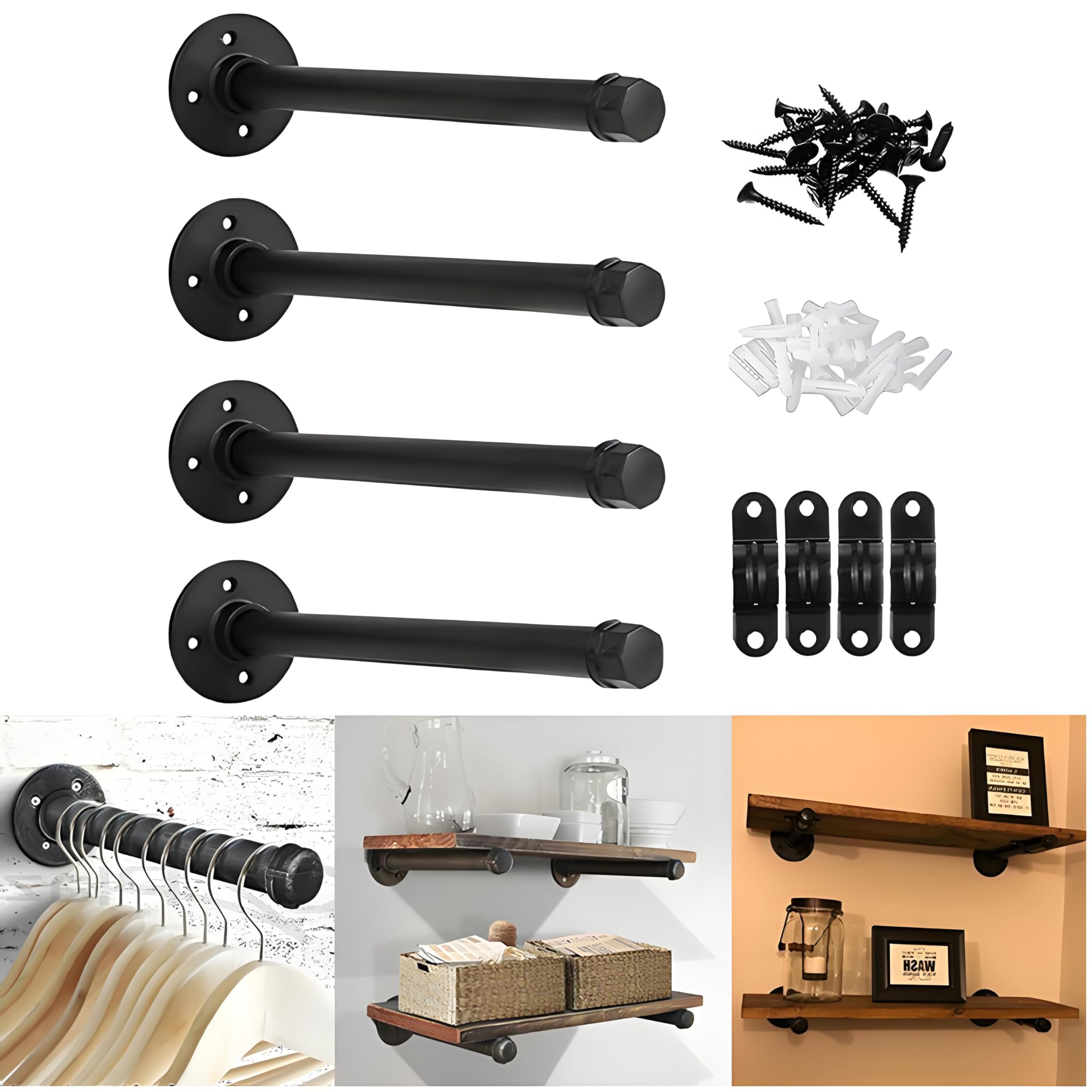 Lpraer Regal Halterung Wand, 4 Stück Regalhalterung Wandregal Industrial Garderobenstange Kleiderstange Wandmontage Regalträger schwerlast Rohrhalterung für Badezimmer, Küche, Schlafzimmer, Wohnzimmer