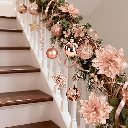Miniatura 3 de Juego de 76 piezas de decoración para árbol de Navidad, adornos colgantes de oro rosa con bolas de plástico inastillables a granel, flores de pascua