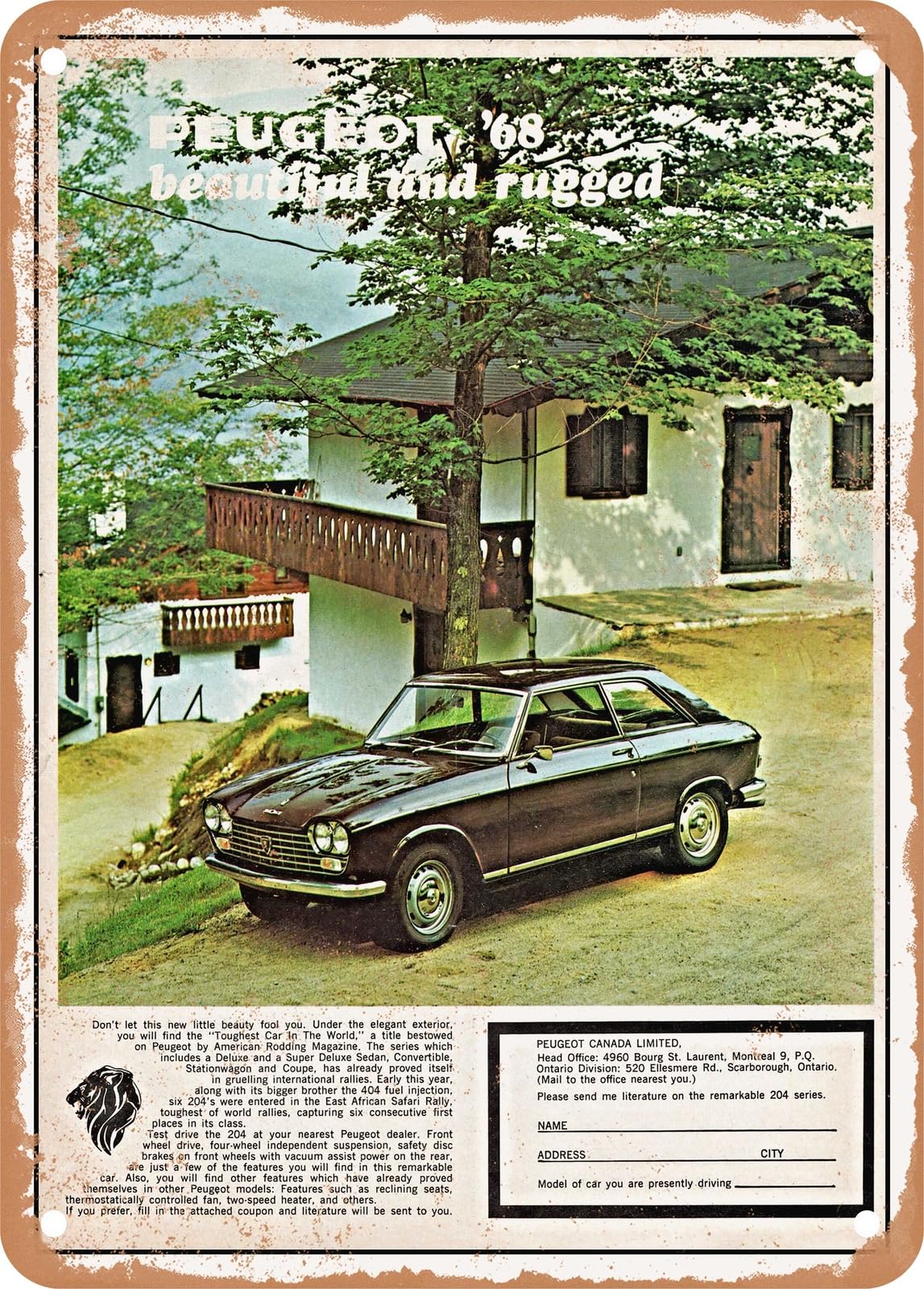 METAL SIGN - 1968 Peugeot 204 Coupe Beautiful and Rugged Vintage Ad home decor