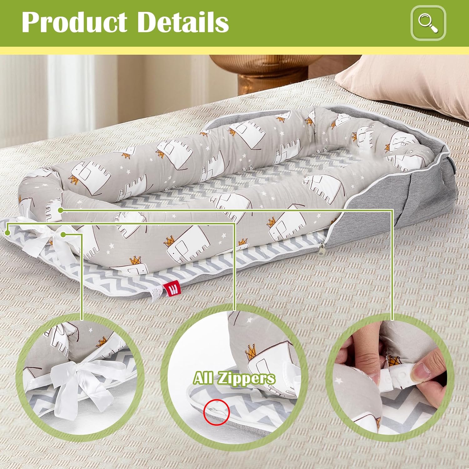 Baby Lounger for Newborn Portable Bag,Baby Lounger Play Mat for Awake-Time,Newborn Babies Essentials Gifts 0-24 Months Home Travel(Elephant Grey) - Image 4