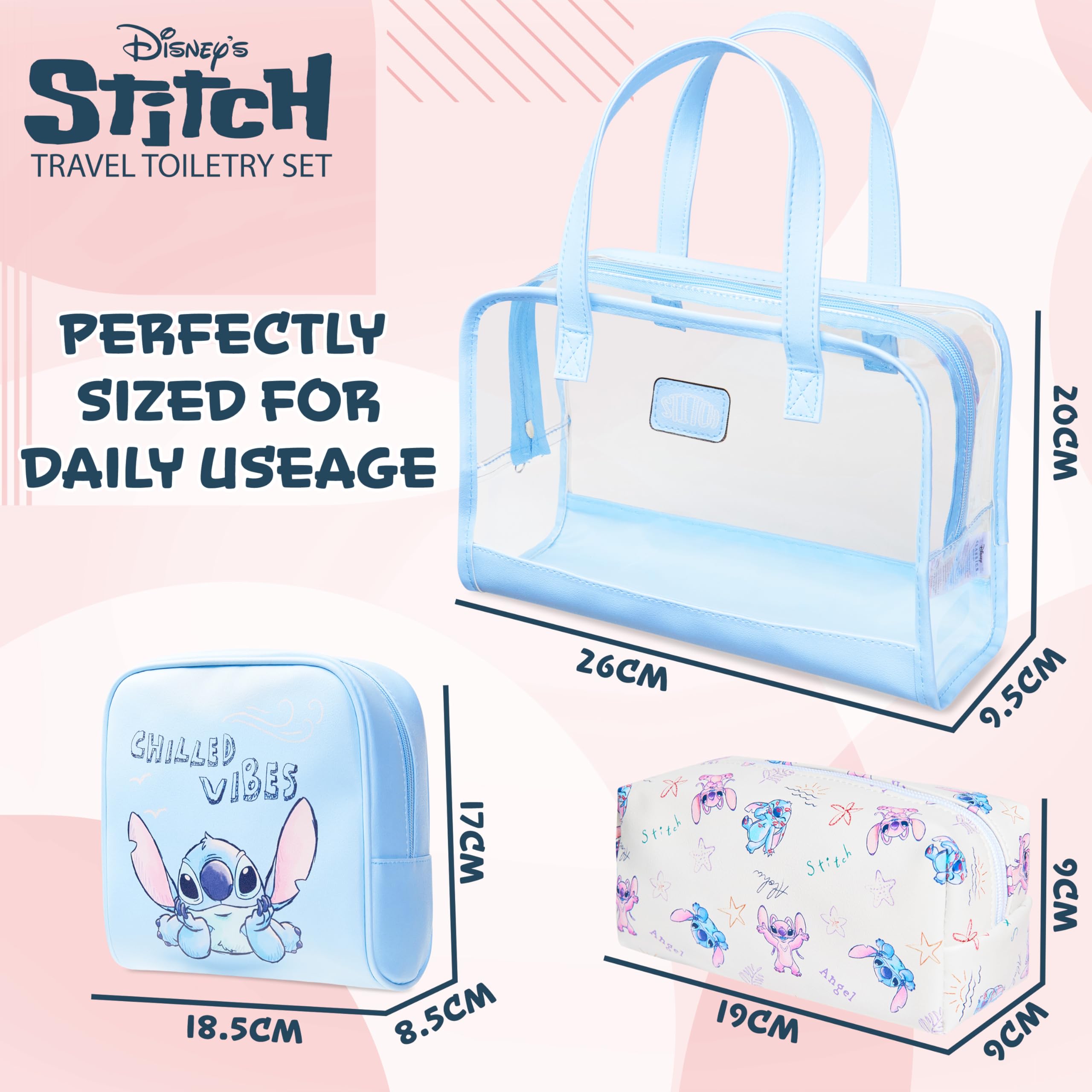Get Trend Disney Stitch Neceser Mujer y Niña, Set de 3, Neceser Maquillaje, Bolsa de Cosméticos y Viaje Uso Diario, Regalo para Mujer Niña (Azul Stitch)
