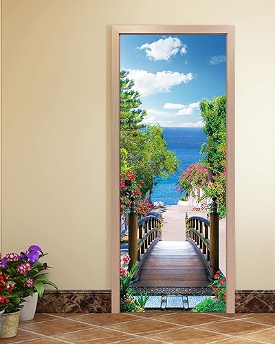 Miniatura 5 de FLFK Adhesivo mural para puerta, diseño de playa, despegar y pegar, tamaño combinado 32 x 80 pulgadas, dividido en 2 piezas
