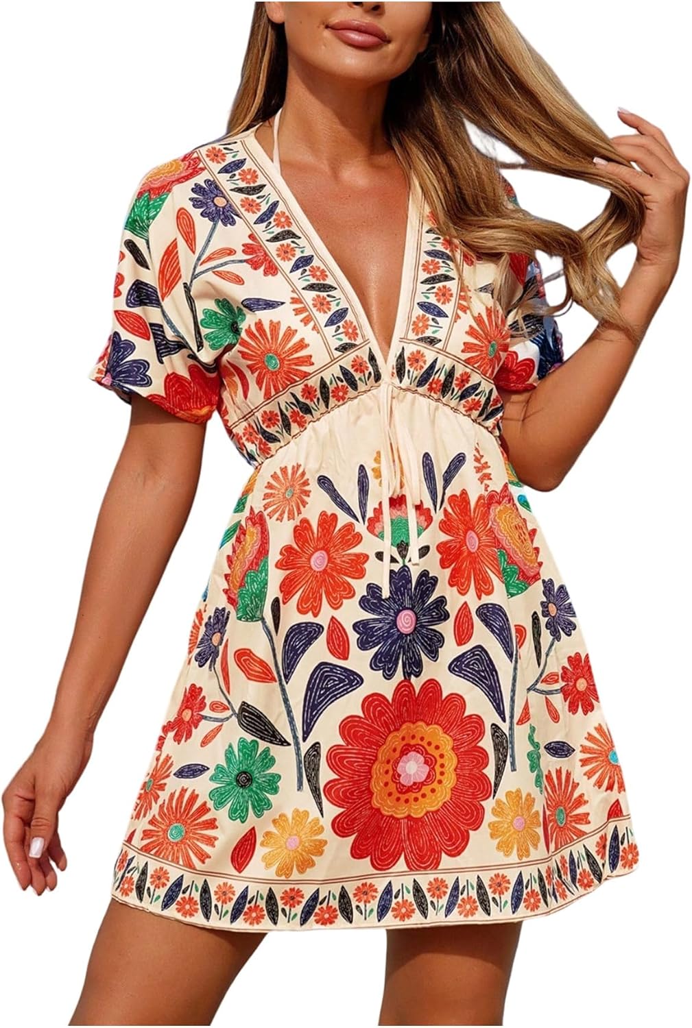 GORGLITTER Women's Floral Tropical Sun Dress Boho Swimsuit Coverup Bikini Bathing Suit Beach Cover Ups Resort Outfits