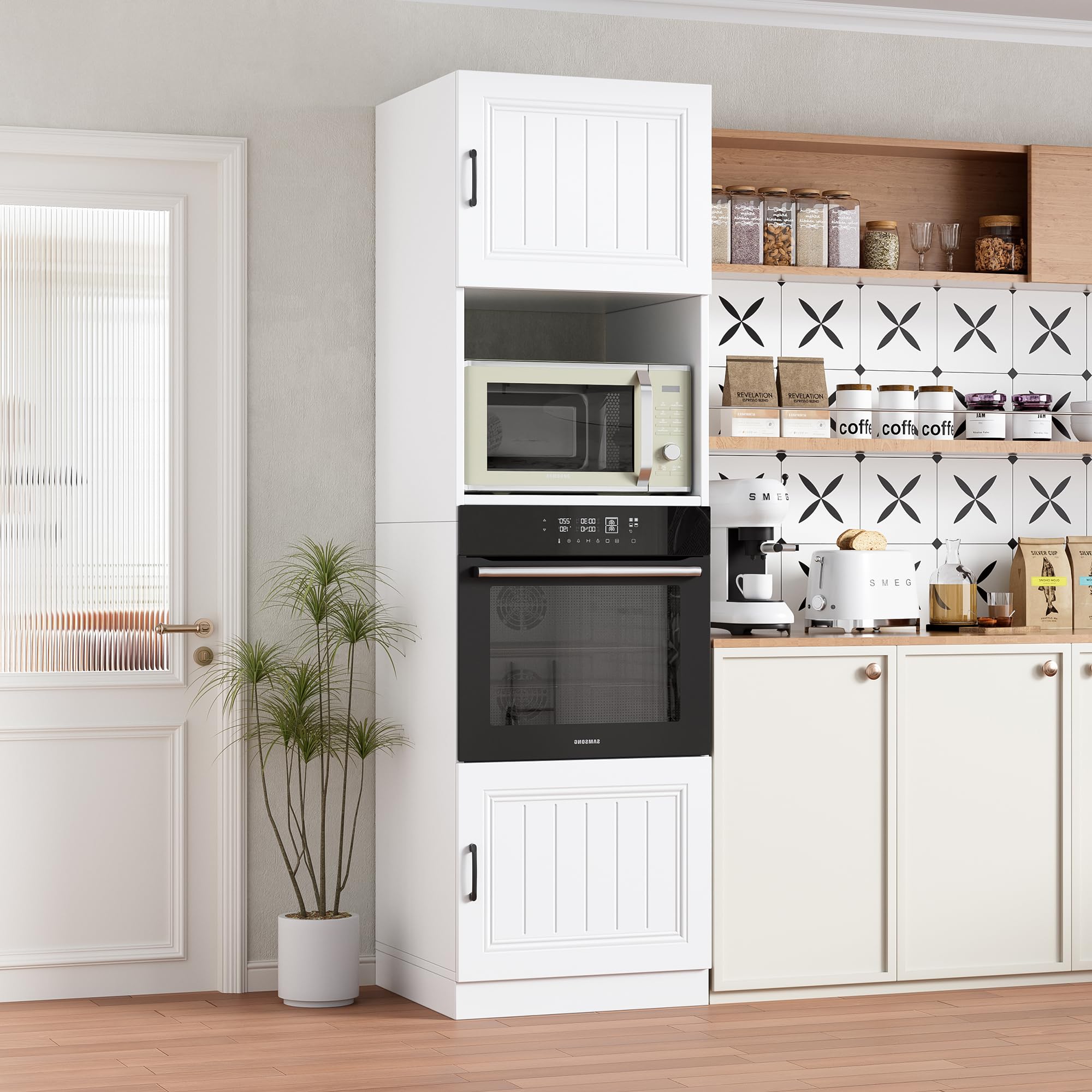 MSFE Armario de Cocina Alto para Microondas y Horno,Armario para Microondas con Mucho Espacio de Almacenamiento 60 * 57.2 * 207 cm,Muebles de Cocina de Madera,Blanco Mate,Enviado en 2 Paquetes