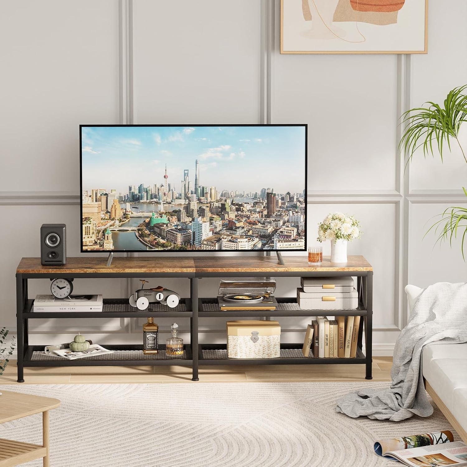 Szafka pod telewizor, szafka pod telewizor do 70 cali, szafka pod telewizor z 3 otwartymi półkami, regał pod telewizor do salonu, sypialni, 160 x 40 x 50 cm, wzornictwo przemysłowe, stalowy stelaż