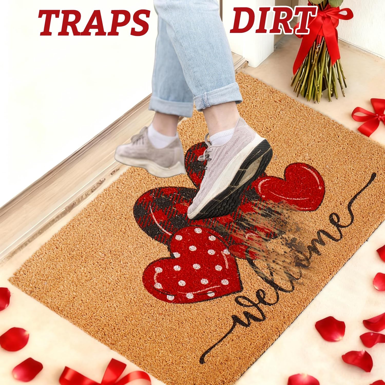 Whaline Valentine' s Day Doormat Natural Coir Welcome Floor Mat Plaid Dot Love Heart Rectangle Entrance Door Rug for Indoor Outdoor Home Bathroom Decor, 16.5 x 29 Inch
