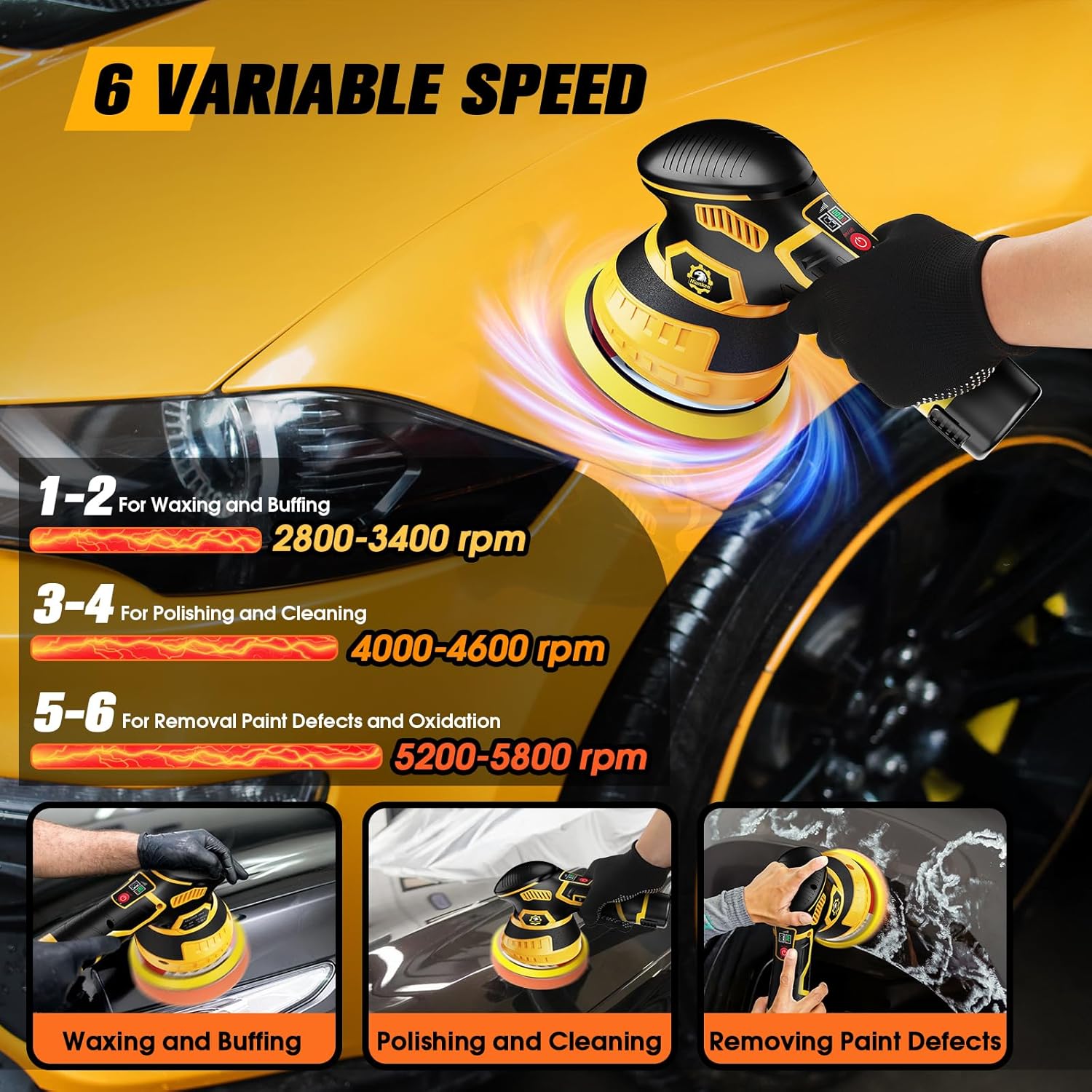 5 Inch Cordless Car Buffer & Polisher Kit [2x 2000mAh 12V Batteries & 18 PCS Attachments] 6-Speed Orbital Design, LED Display, Lightweight Detailing Tool for Waxing, Polishing - Yellow