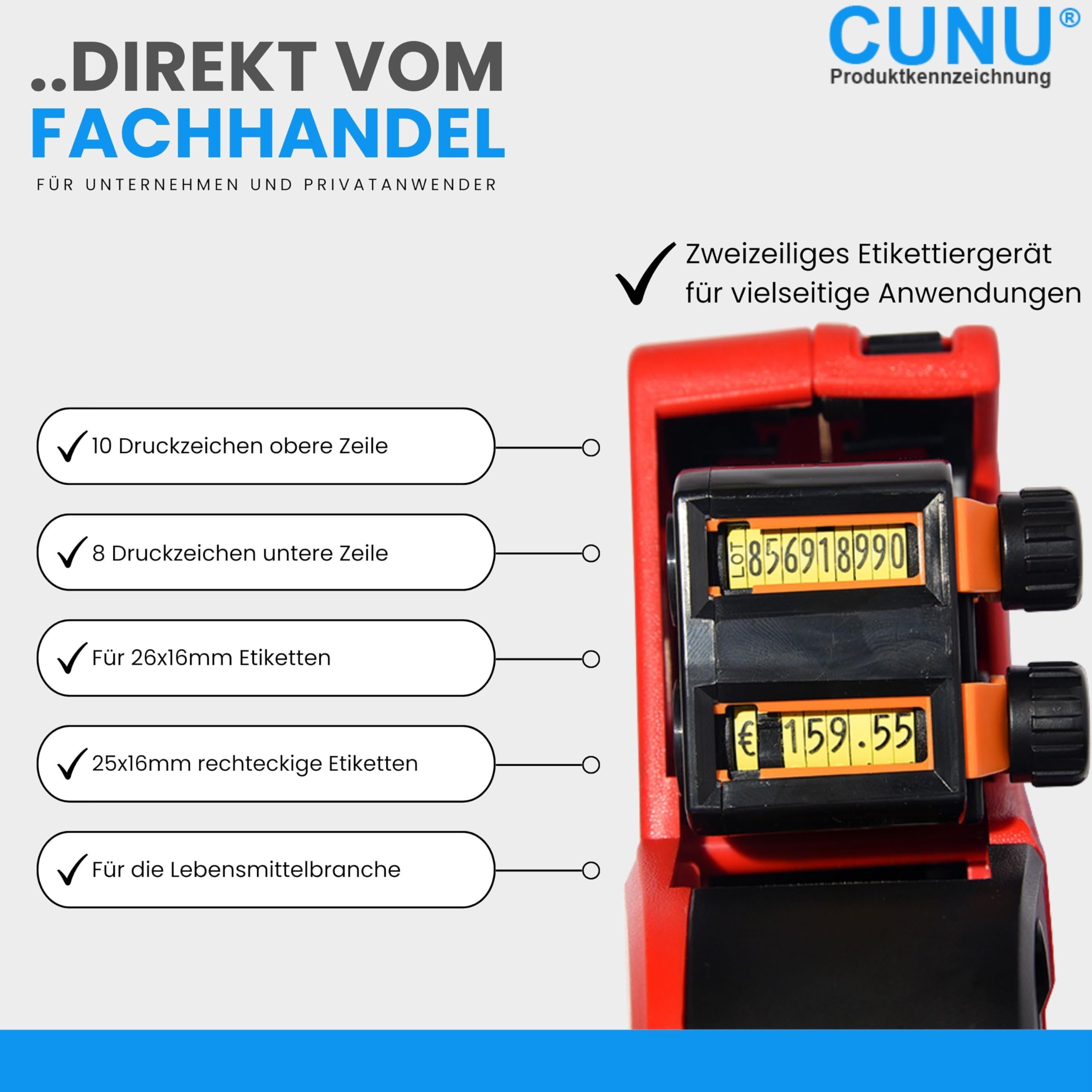 Auszeichner 2-zeilig für mindestens haltbar bis und Chargennummer - MHD Handauszeichner zweizeilig - Etikettierer für 26x16mm, 25x16mm Etiketten - Auszeichnungsgerät für Datum und Nummern