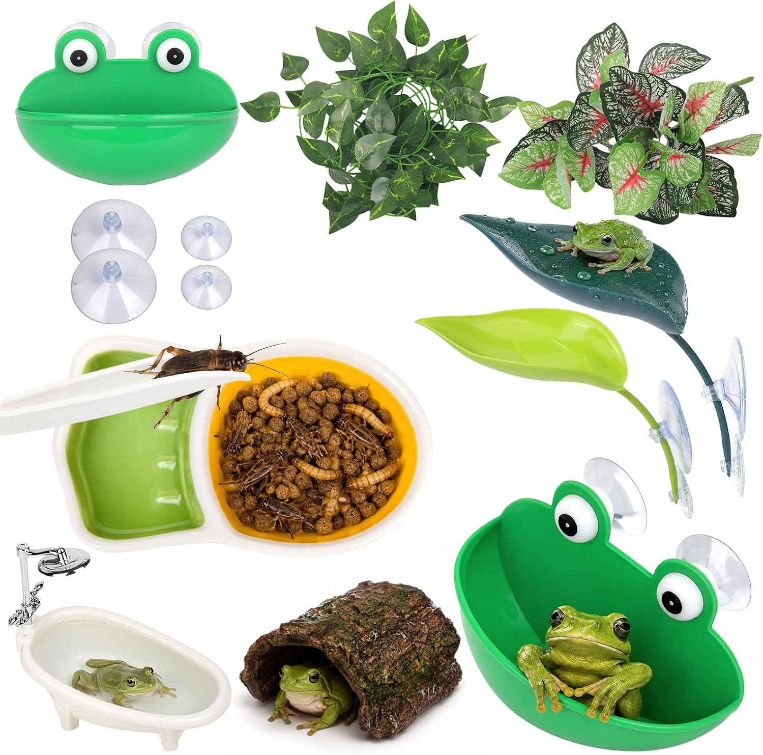 Frog Tank Accessories Set – Complete Tree Frog Habitat Kit | With Hideout Cave, Water Dish, Feeding Bowl, Suction Cup Plants & Climbing Decor | Toad Terrarium Supplies for Amphibians