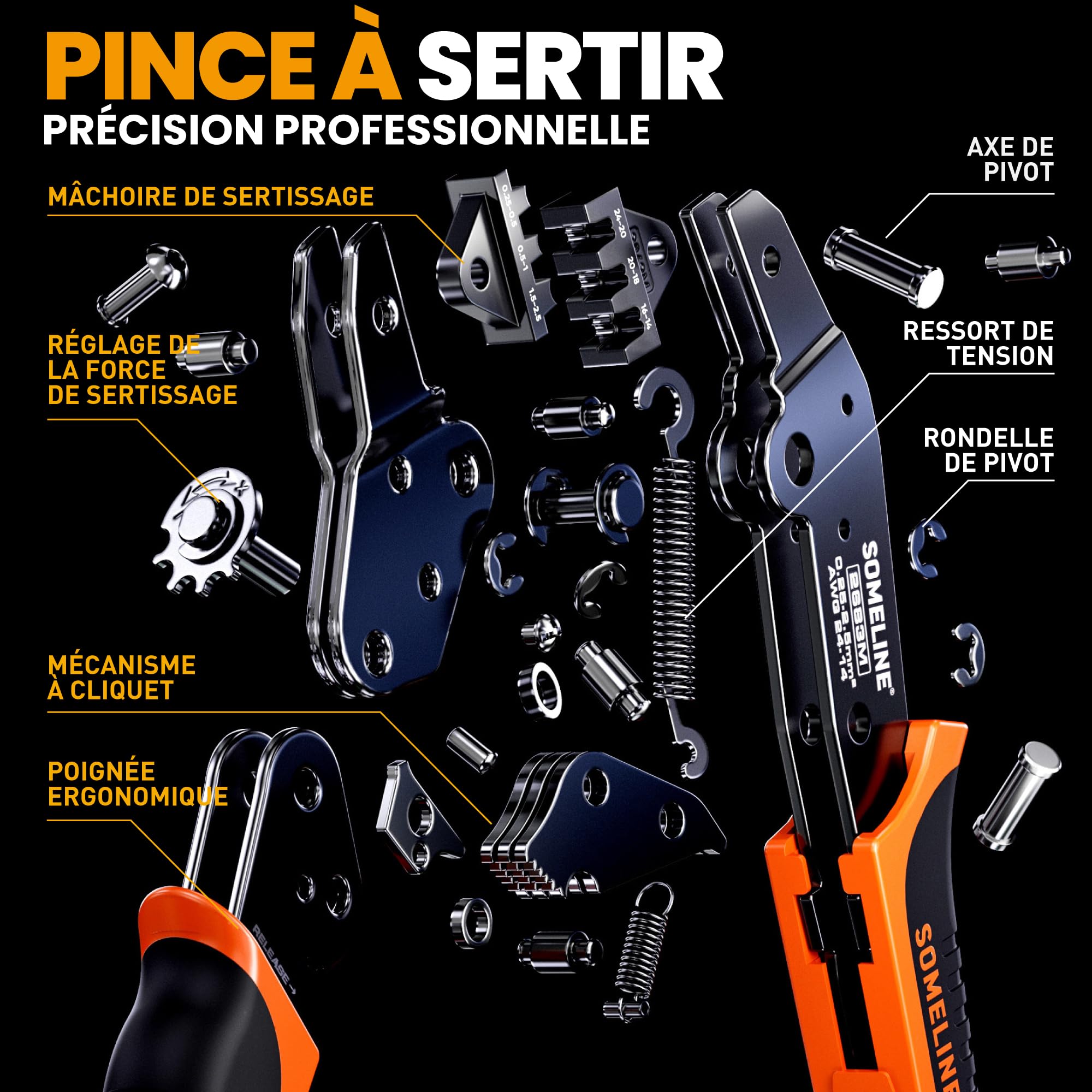 SOMELINE® Pince à Sertir pour Connecteur Bêche avec 12 Sortes Connecteurs Mâles Femelles Pour câble 0,25-2,5 mm², Pince à Sertir les Cosses de Fils