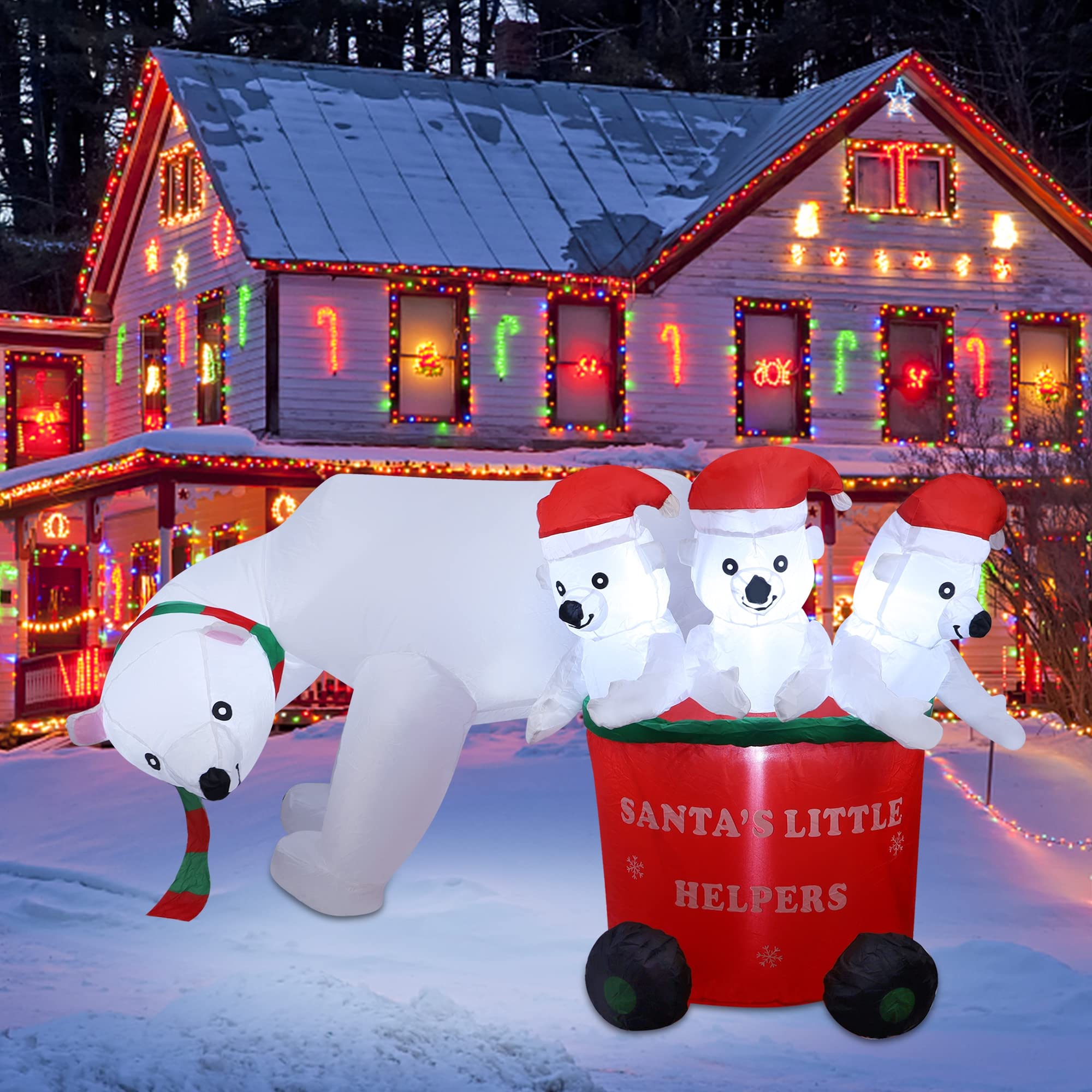 DR.DUDU Oso polar inflable de Navidad de 7 pies con sombrero de Papá Noel, oso de Navidad inflable decoraciones al aire libre para césped, jardín, patio, fiesta de Navidad
