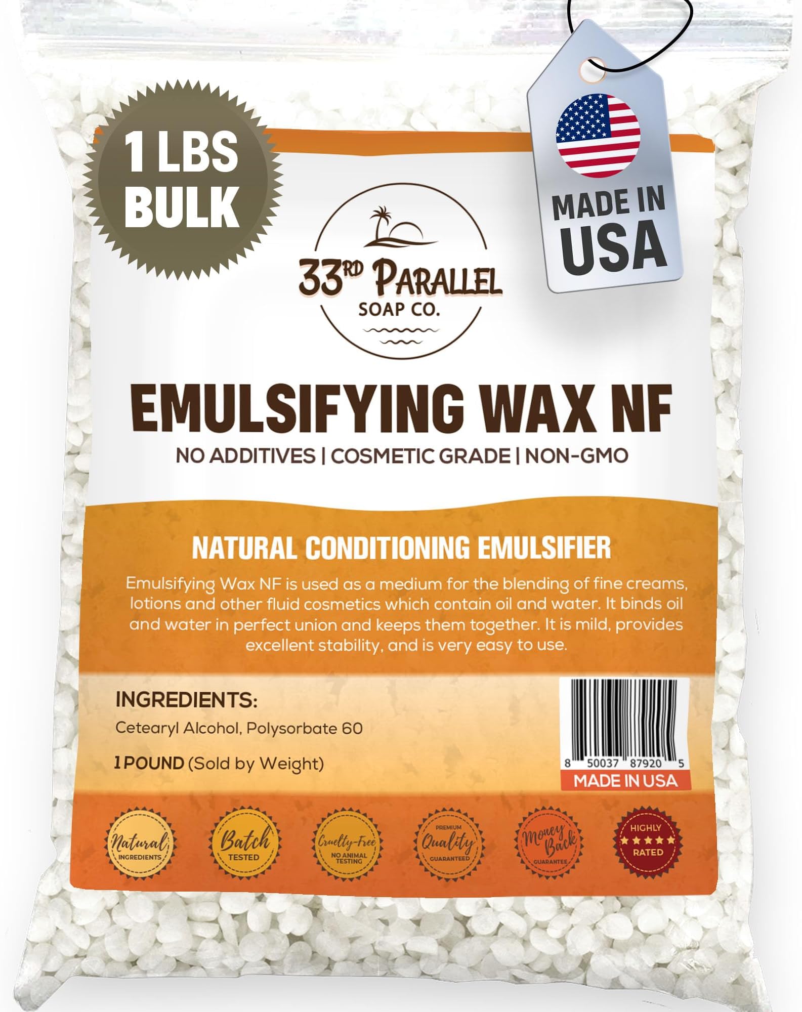 Non-GMO Emulsifying Wax NF Pastilles (1 LBS / 16 OZ) 100% Natural Plant Derived | For Lotions, Creams, Soap Making, Hair Products | Cosmetic Grade | Product of USA | 1 POUND
