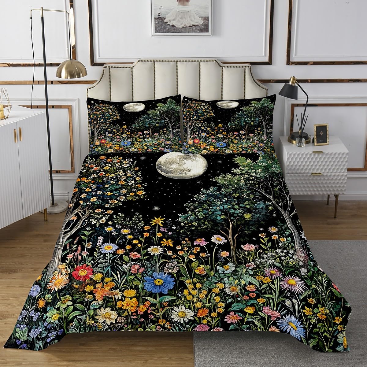 jejeloiu Sun Moon Bedspread for Kids Boys Girls Floral Botanical Coverlet Set Twin Size Daisy Quilted Coverlet Bedroom Decor Breathable Soft Lightweight Microfiber 2Pcs