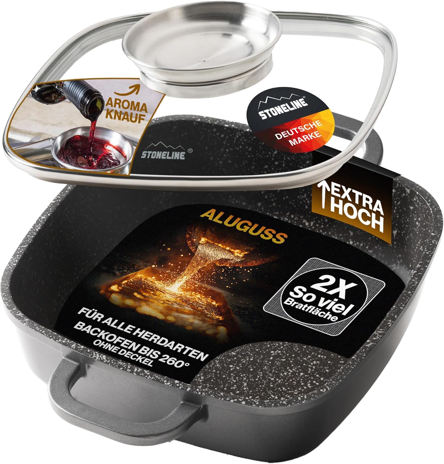 STONELINE Corner Pan, 20 x 20 cm, with Aroma Glass Lid, Serving Pan, Induction, Cast Aluminium, Non-Stick Coating with Real Stone Particles, Square Frying Pan without Fat or Oil, Grey