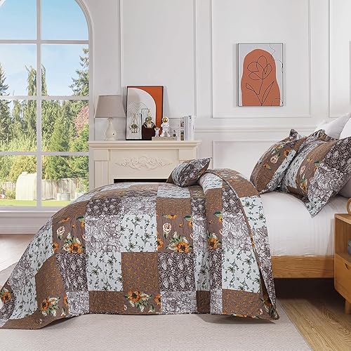 Vista 63 de TWINRUN Colchas de algodón tamaño Queen, colchas ligeras de tamaño Queen para cama, suave, reversible, a cuadros, floral, juego de ropa de cama