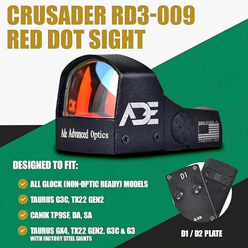 Miniatura 2 de ADE Crusader RD3-009 Punto rojo + Placa de montaje/adaptador de óptica con mira trasera para todos los modelos Glock (no preparados para óptica)