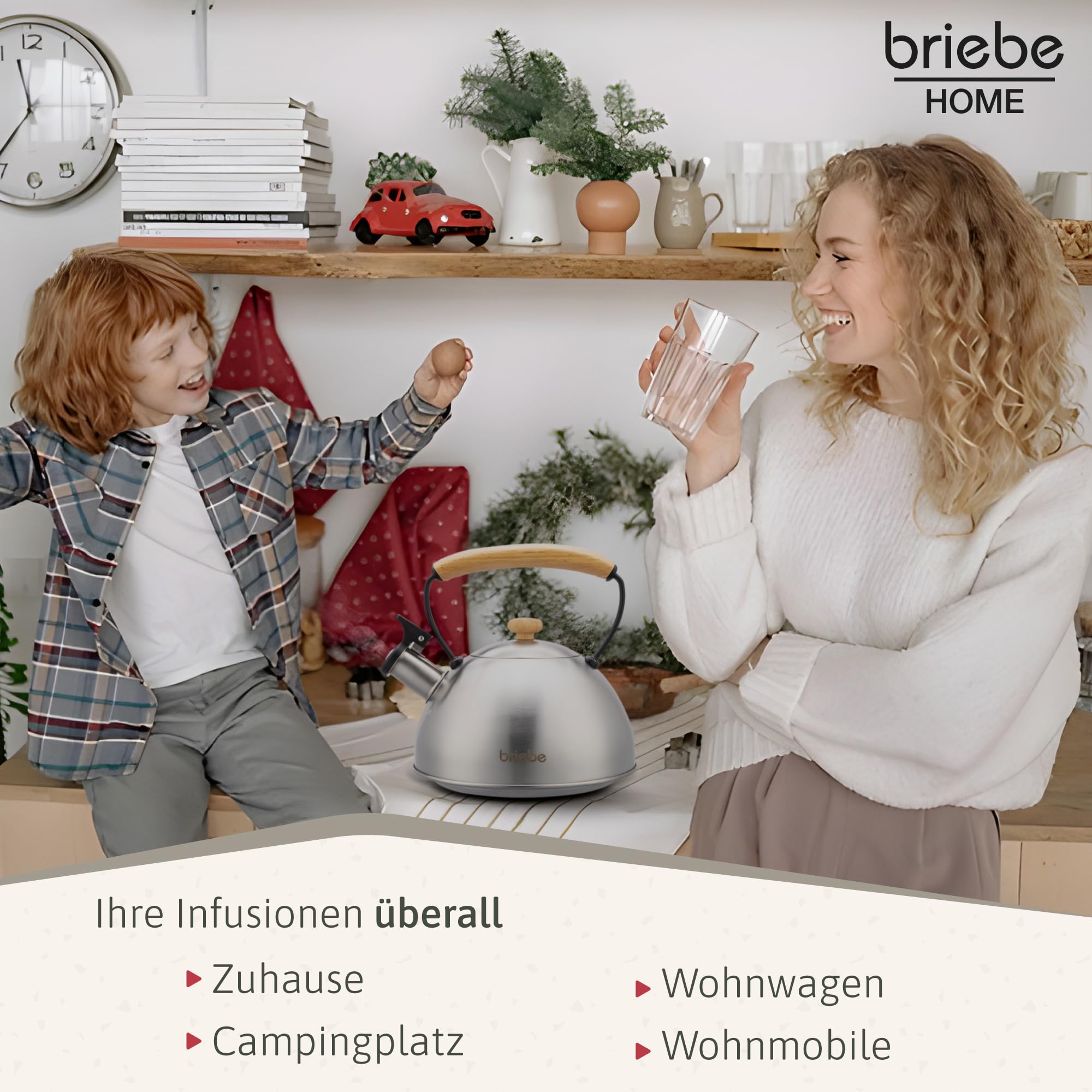 briebe Wasserkessel Induktion 2,3L, Flötenkessel, Edelstahl Teekessel Retro, Vintage Design, Alle Herdarten, GlasKeramikherd, Gas, Elektroherd, Holzgriff Cool-Touch, für Tee Kaffee, Tea pot, Inox