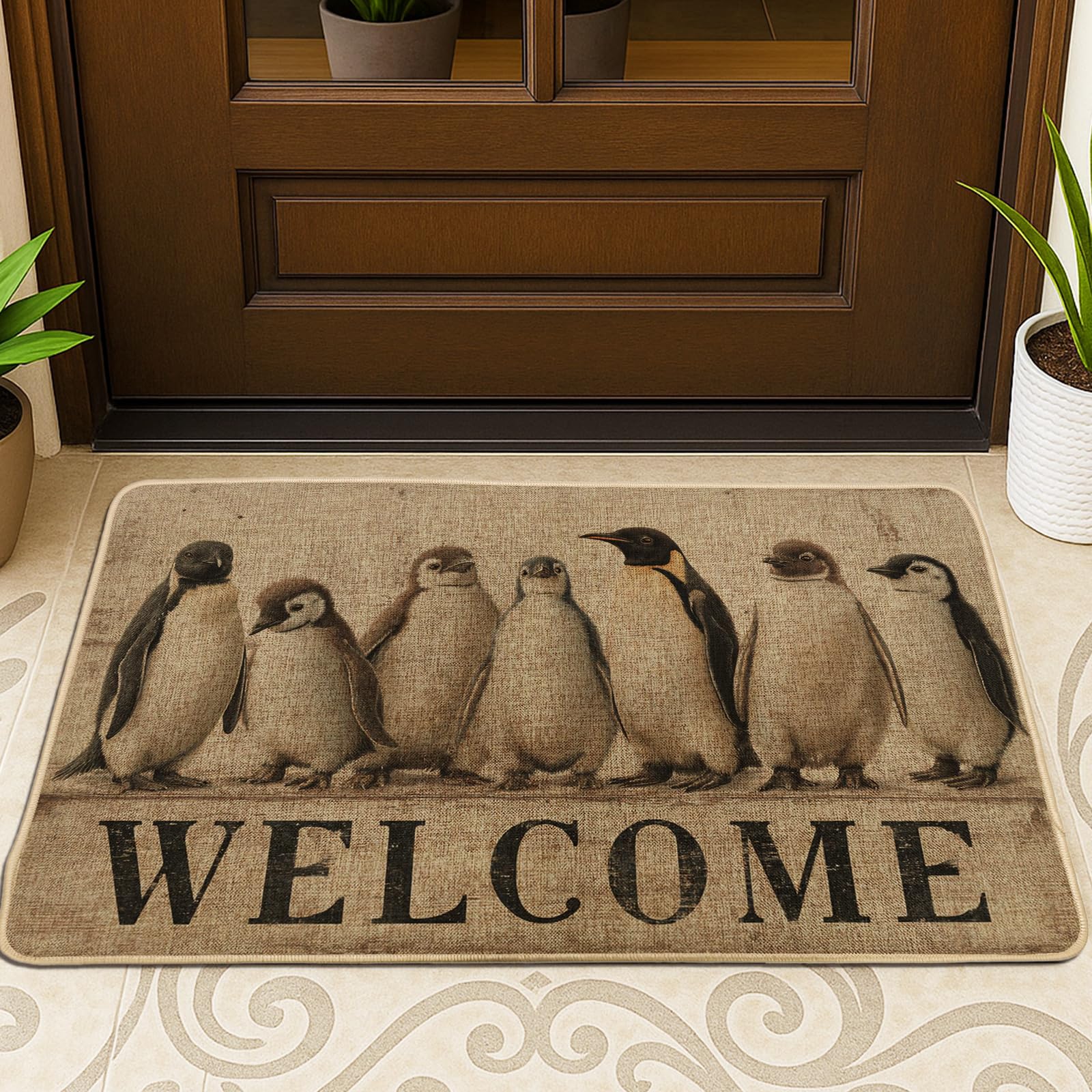 Penguin Welcome Doormat, Rustic Beige Outdoor & Indoor Entry Mat for All Seasons, Cute Animal Decor, Non-Slip Easy Clean Front Rug 29x17 Inch