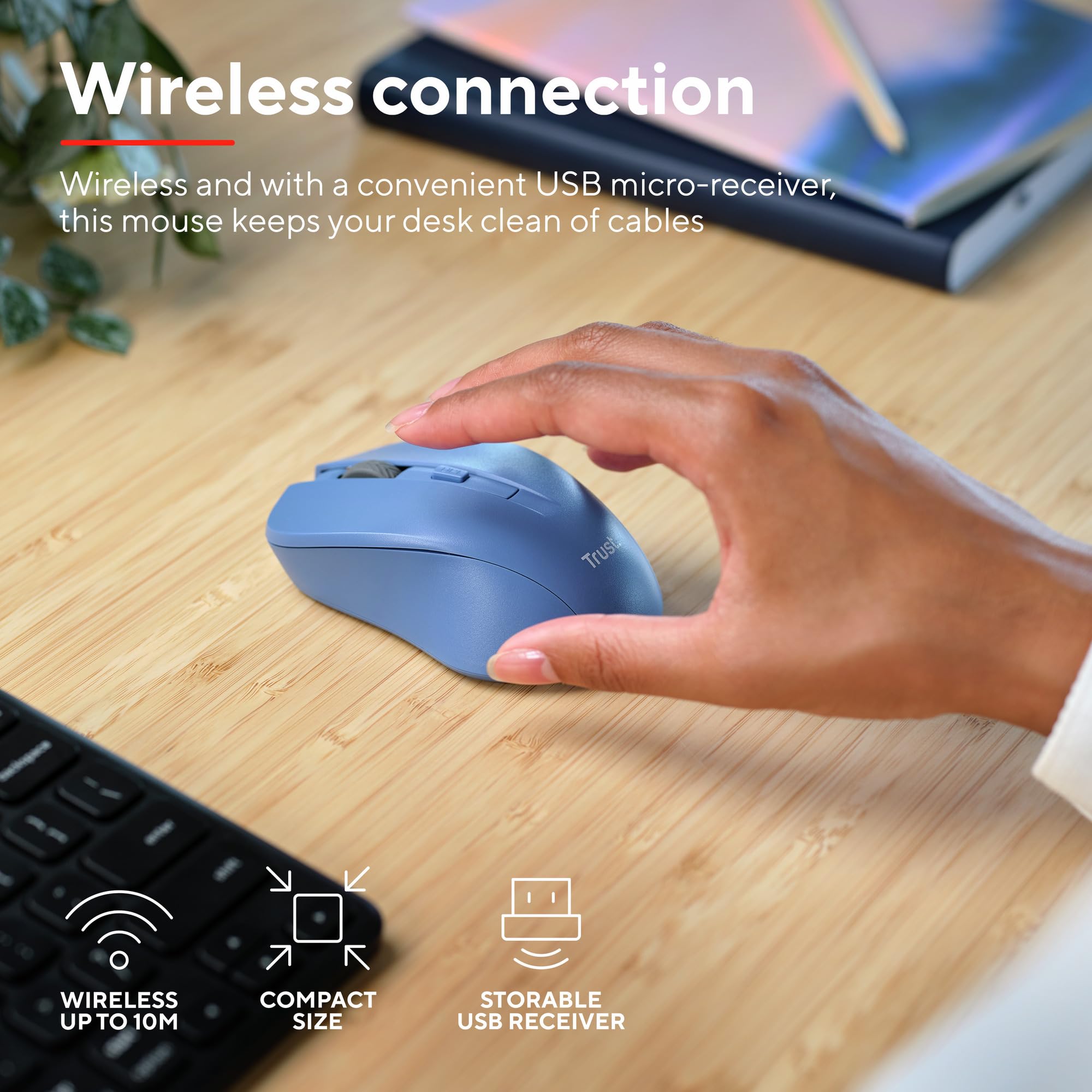 Trust Zaya Mouse Wireless Ricaricabile per Laptop, 800-1600 DPI, 2.4 GHz, Microricevitore USB Riponibile, per Mano Sinistra e Destra, Mouse Senza Fili Compatto per PC, Computer, Mac - Blu