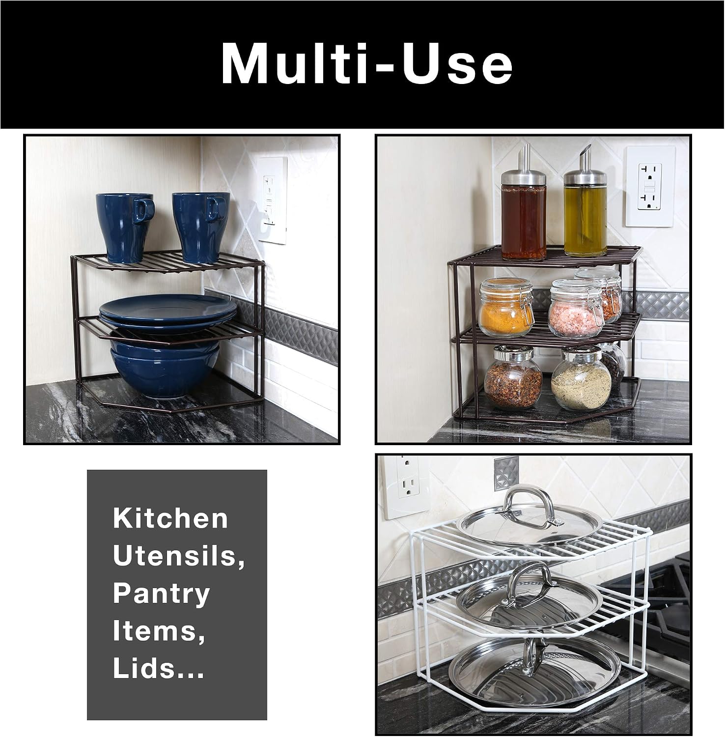 Smart Design 3-Tier Corner Shelf Rack in use inside a kitchen cabinet, organizing plates and bowls.