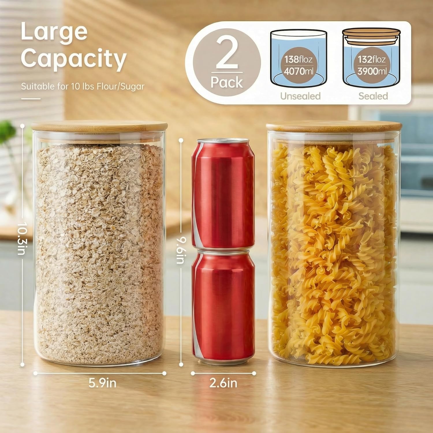Extra Large Glass Flour and Sugar Storage Containers with Airtight Lids,132 floz x2 [Set of 2] Big Glass Jars with Bamboo Lids, Air Tight Food Storage Jars for Cereal, Pasta, Rice, Coffee