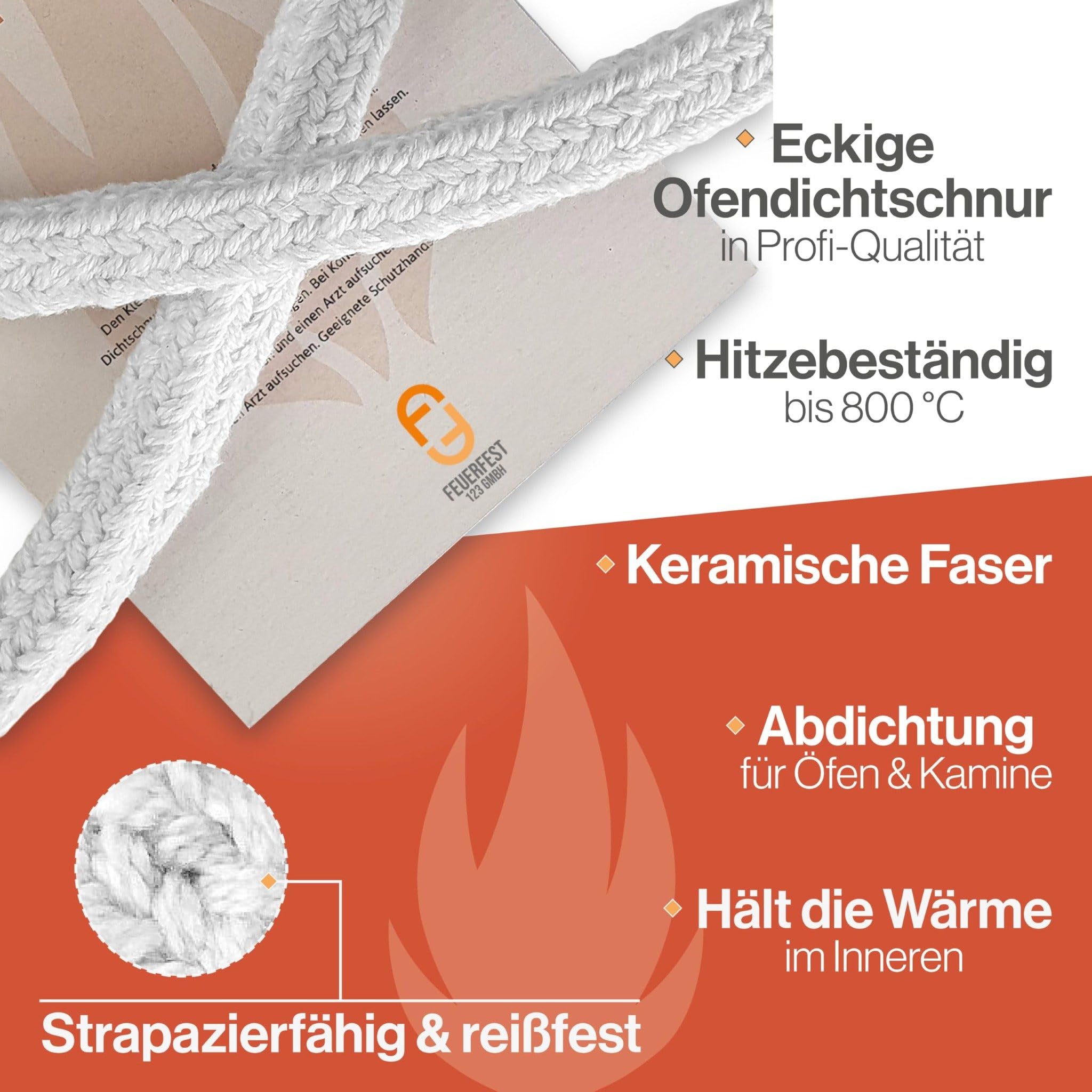 Ofendichtschnur Eckig 20x20 mm x 2 Meter, Ofen-Dichtungsband für Kaminofen, hitzebeständig bis 800 °C, Keramische-Faser, Abdichtung für Kamine & Öfen, reißfest