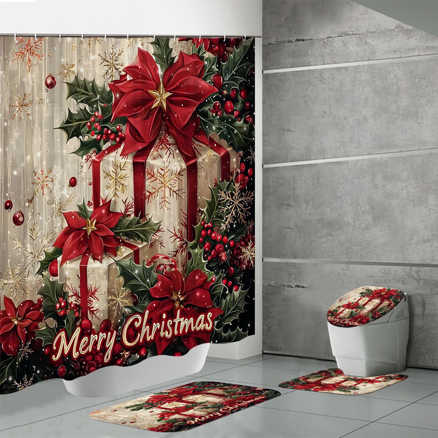 4 Pcs Christmas Shower Curtain Set Xmas Santa Bathroom Decoration,Toilet Lid Cover and Bath Mat,Waterproof Red Snowman Shower Curtain with 12 Hooks for Home Hotel Winter Decor Gifts (Style 8)