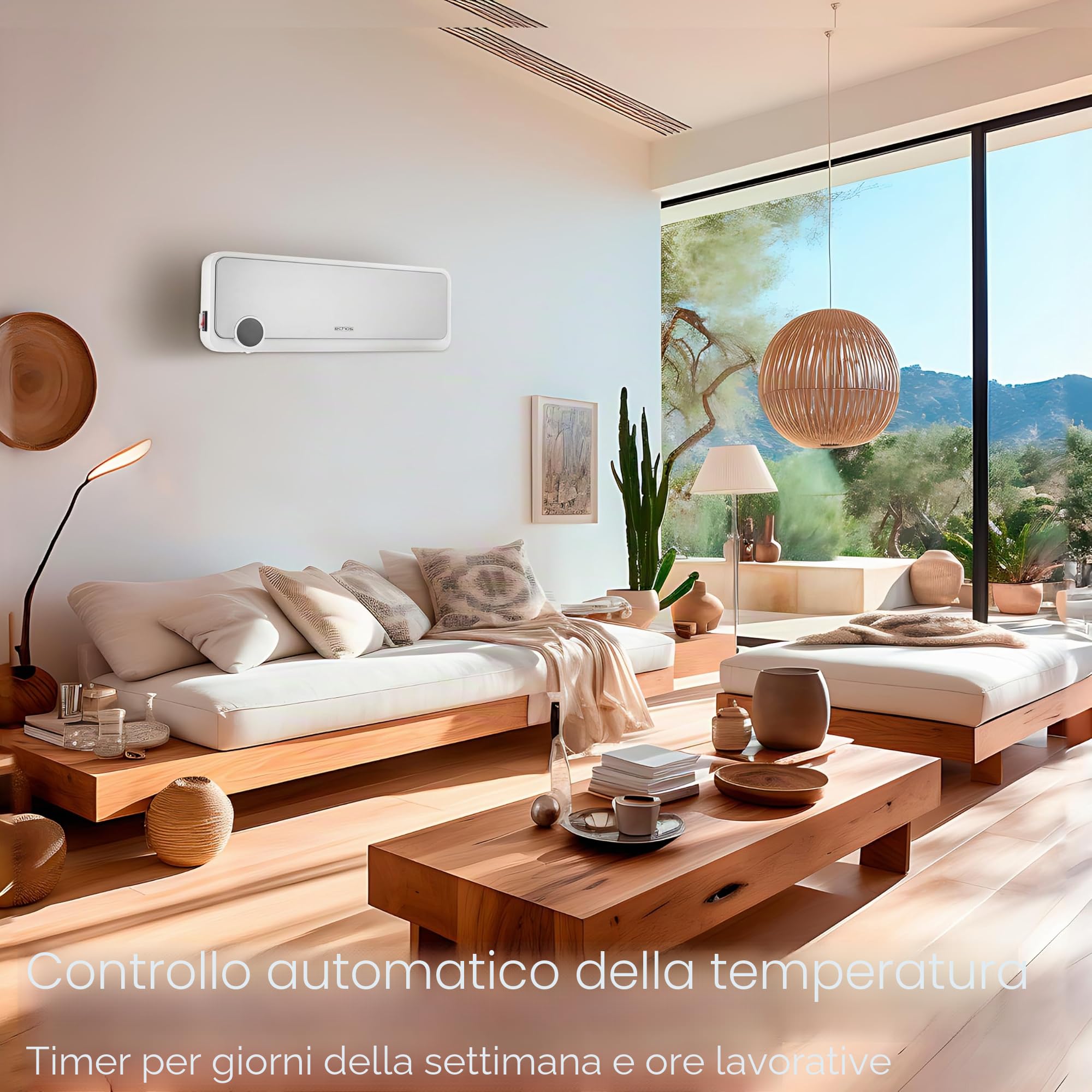 Echos Termoventilatore da Parete | Timer 12h | 2000 Watt | A risparmio energetico | Telecomando | Elemento riscaldante in ceramica | Mini riscaldatore | 2 livelli di potenza | Riscaldatore a raggi |