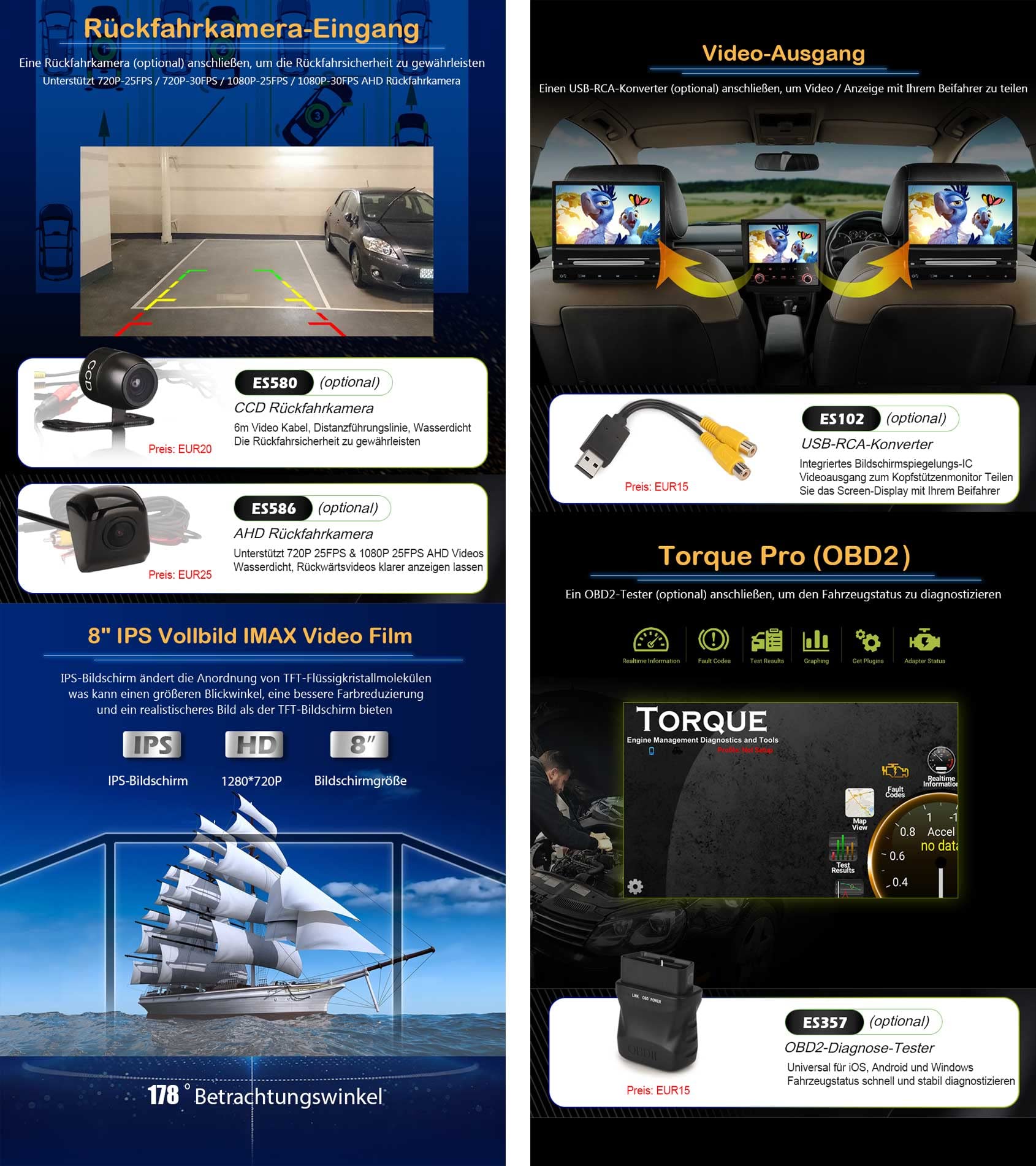 8-Kern 4GB RAM 64GB ROM Android 14 Autoradio Bluetooth GPS Navigation Unterstützt CD Player Kabelloses CarPlay Android Auto WiFi 4G DAB+ DSP USB RDS OBD2 DVD Touchscreen Autoradio 2 Din