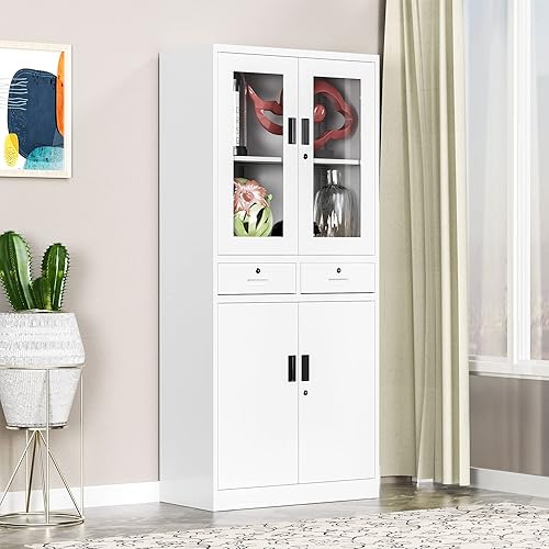 LISSIMO Armario de almacenamiento de cocina con 2 cajones y estantes ajustables, armario de despensa para cocina, sala de estar y comedor de oficina