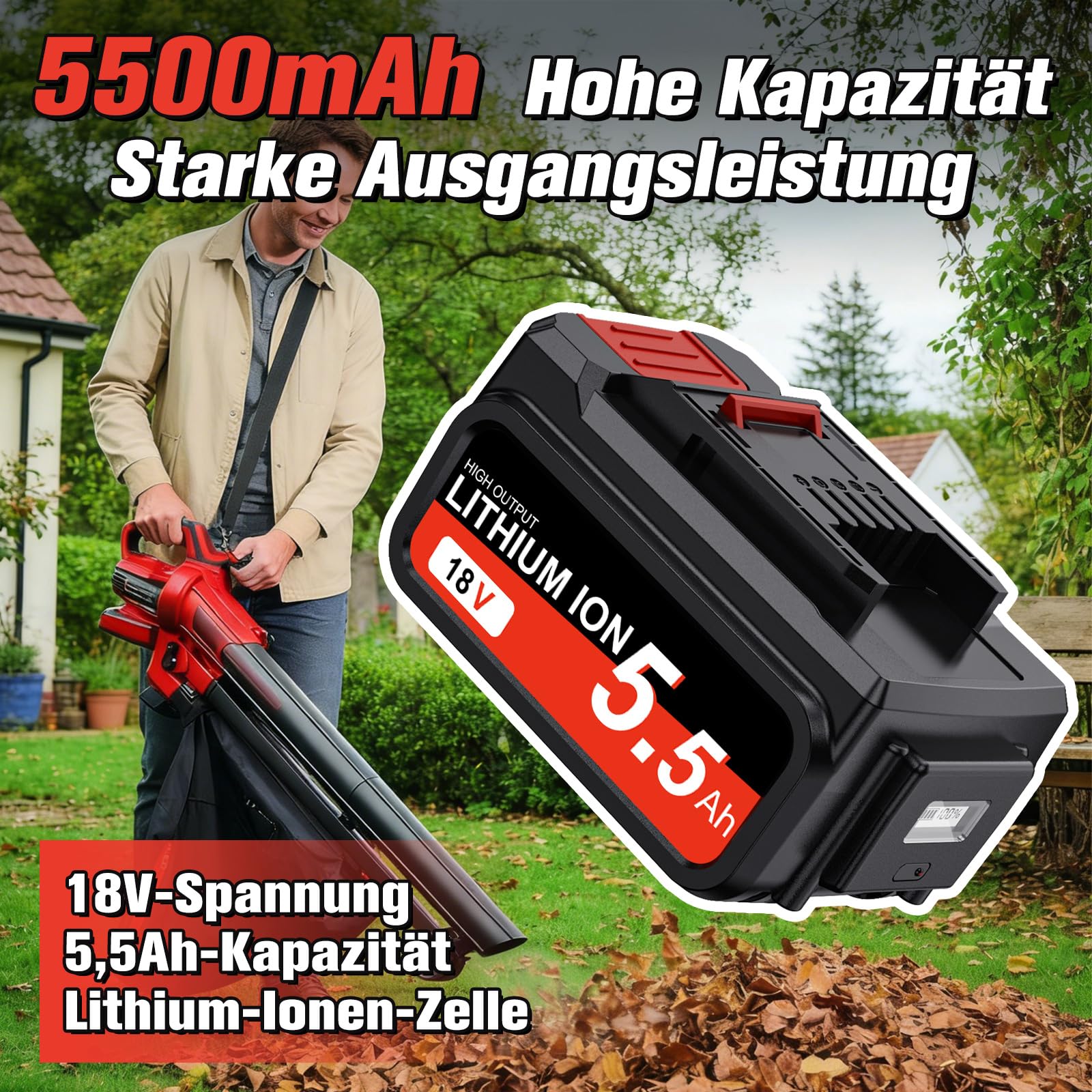 2 Stück 5.5Ah 18V Ersatz akku für Einhell Akku für Power X-Change Geräte, Li-Ion 18V mit LED-Leistungsanzeige Kompatibel mit Allen PXC-Geräten