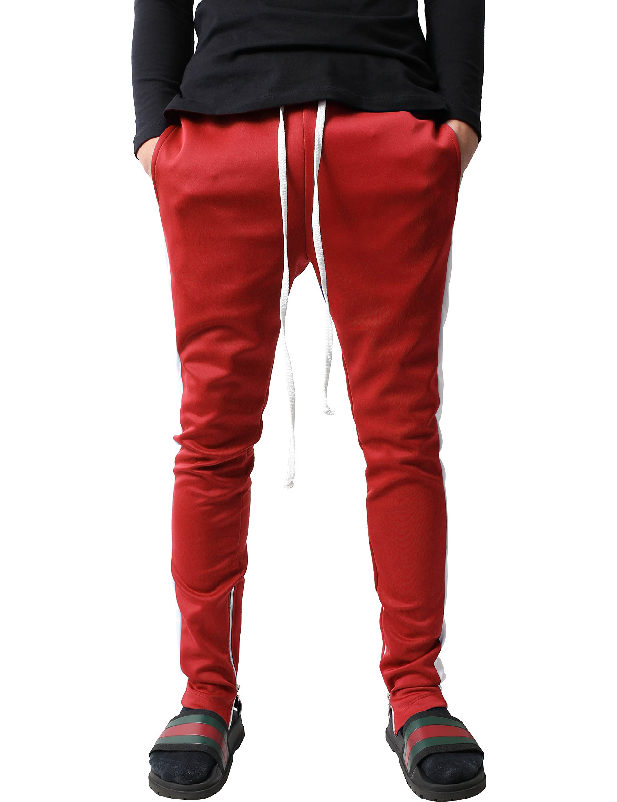 Mens Stripe Track Pants Skinny Fit Stretch Trouser Elastic Jogger 1VWA0006 (X-Large, p122_Red/WHI)