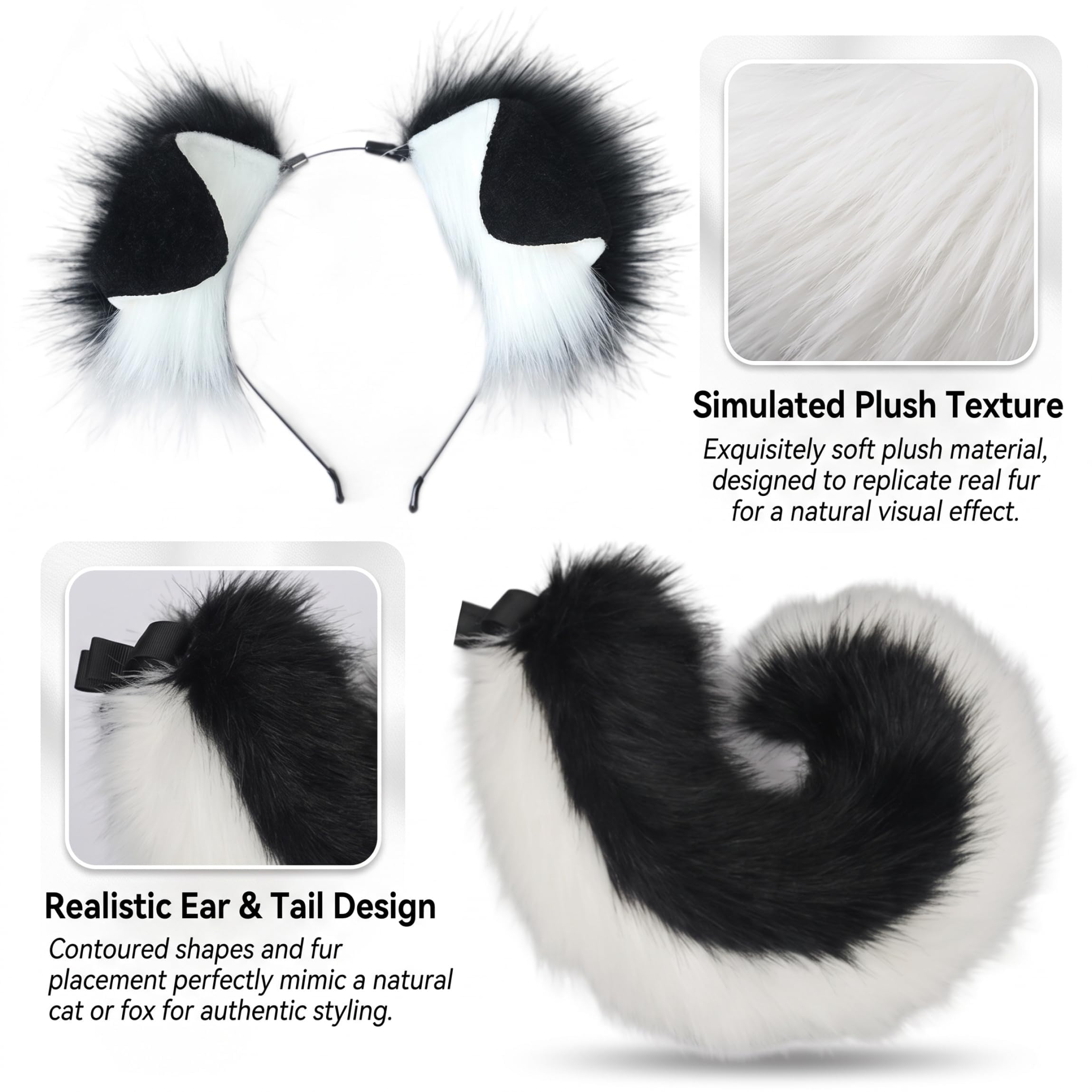 ,Black And White,Coda di soffice Pelliccia di Volpe Sintetica per Donna - Accessorio per Costume Coda di Volpe Gatto Lupo con Cintura Regolabile, Ideale per Feste di Halloween e Costumi in Maschera