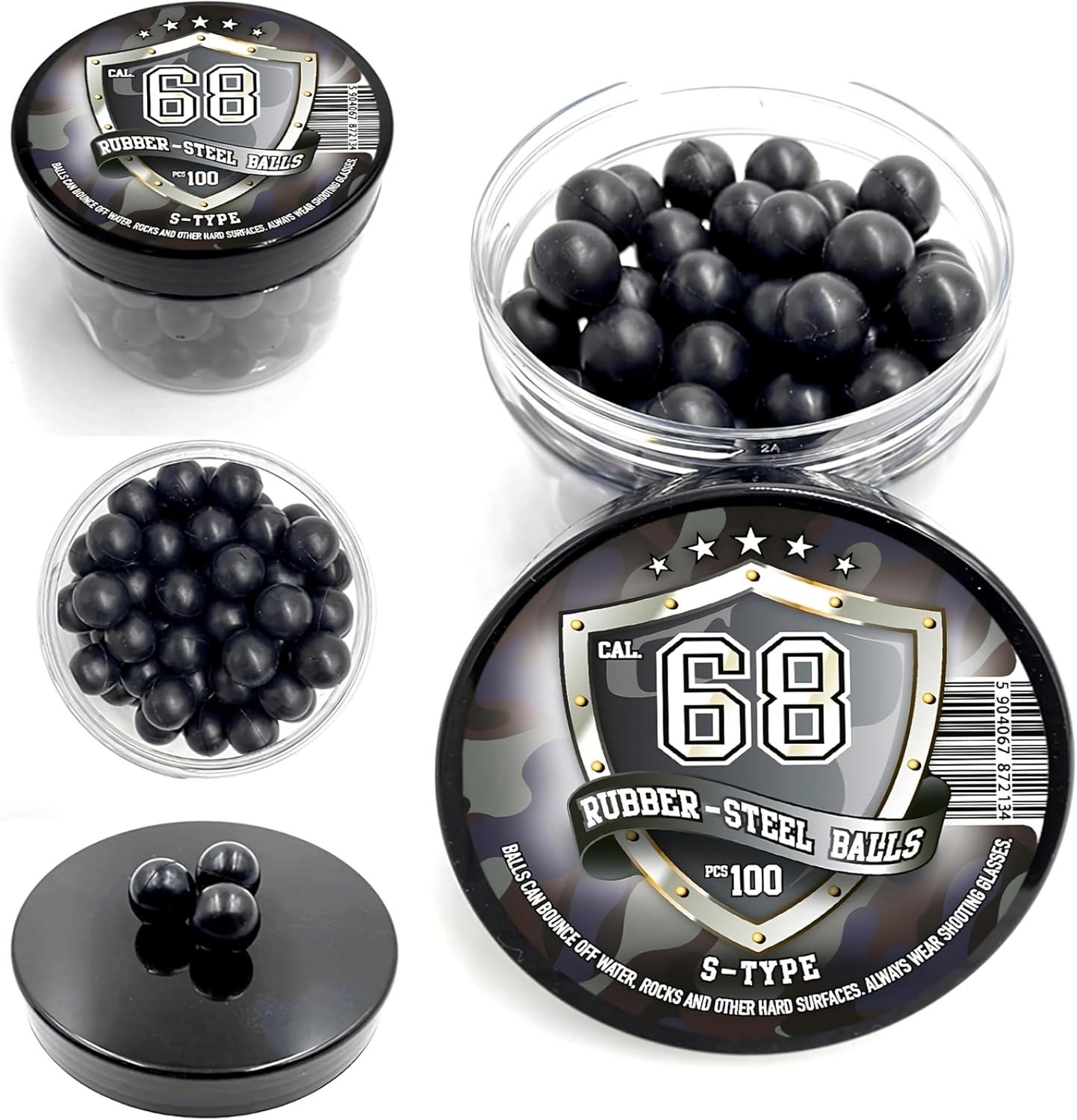 100 pcs S-Type Premium Quality Hard Rubber Steel Balls Paintballs Powerballs 7 gr. Heavy Ammo for Self Home Defense Training Pistols in 68 Caliber
