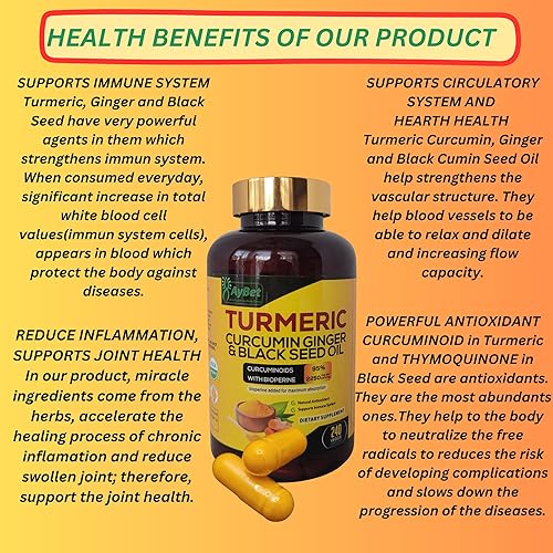 Miniatura 4 de World 1st.Aceite de cúrcuma Curcumina de jengibre y semillas negras, 240 cápsulas, 2250 mg, 95% curcuminoides, BioPerin añadido, extra fuerza,