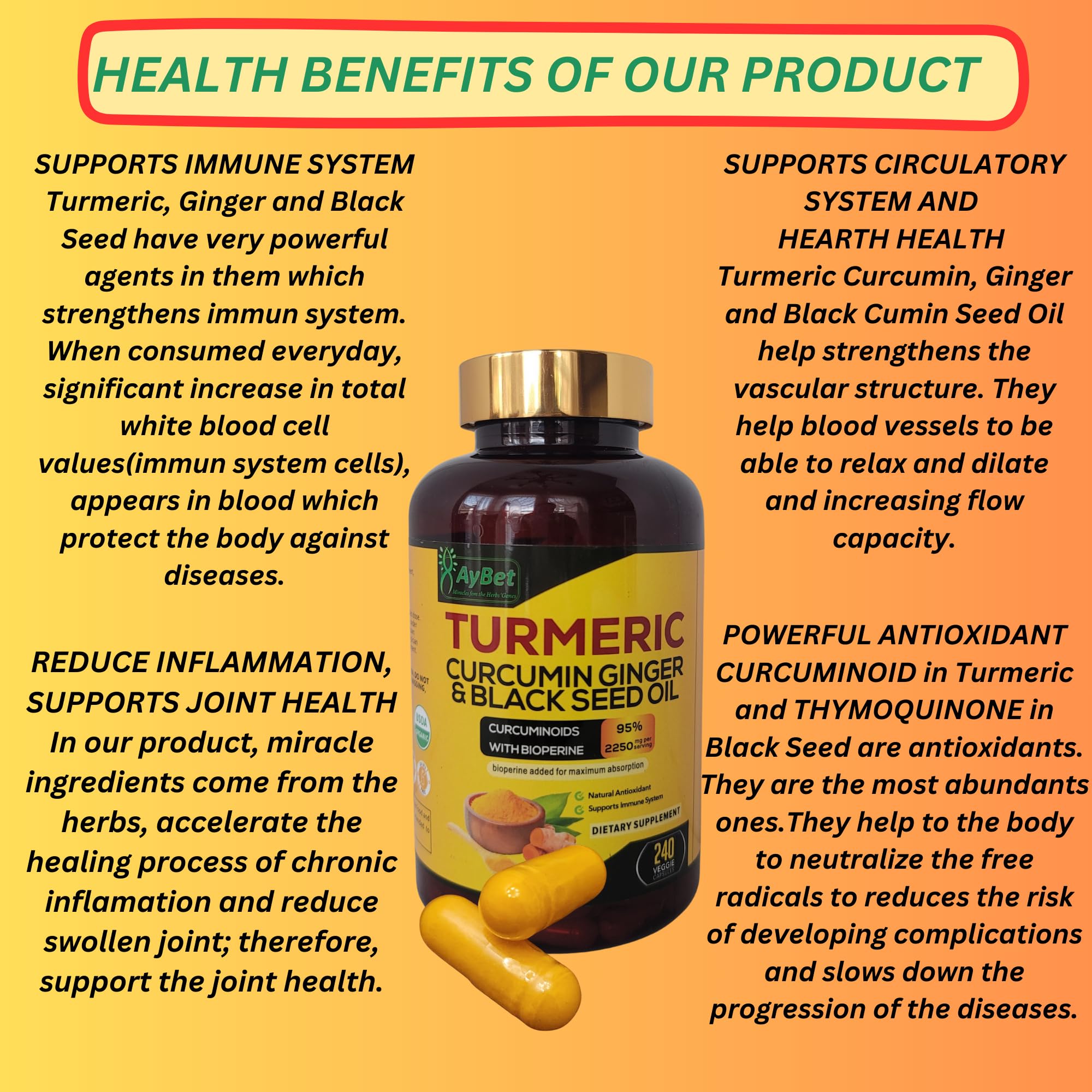World 1st.Turmeric Curcumin Ginger&Black Seed Oil, 240 Caps, 2250mg, 95% Curcuminoids, BioPerin Added, Extra Strength, Organic, Halal, Vegan, Support Immune System, Antioxidant, Joint Support — Amazon image 4