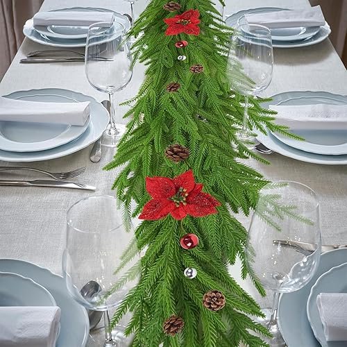 Miniatura 6 de Norfolk - Guirnalda de pino artificial de 6 pies con bolas de piñas de pascua, guirnalda de invierno para chimenea, escaleras, escaleras, decoración