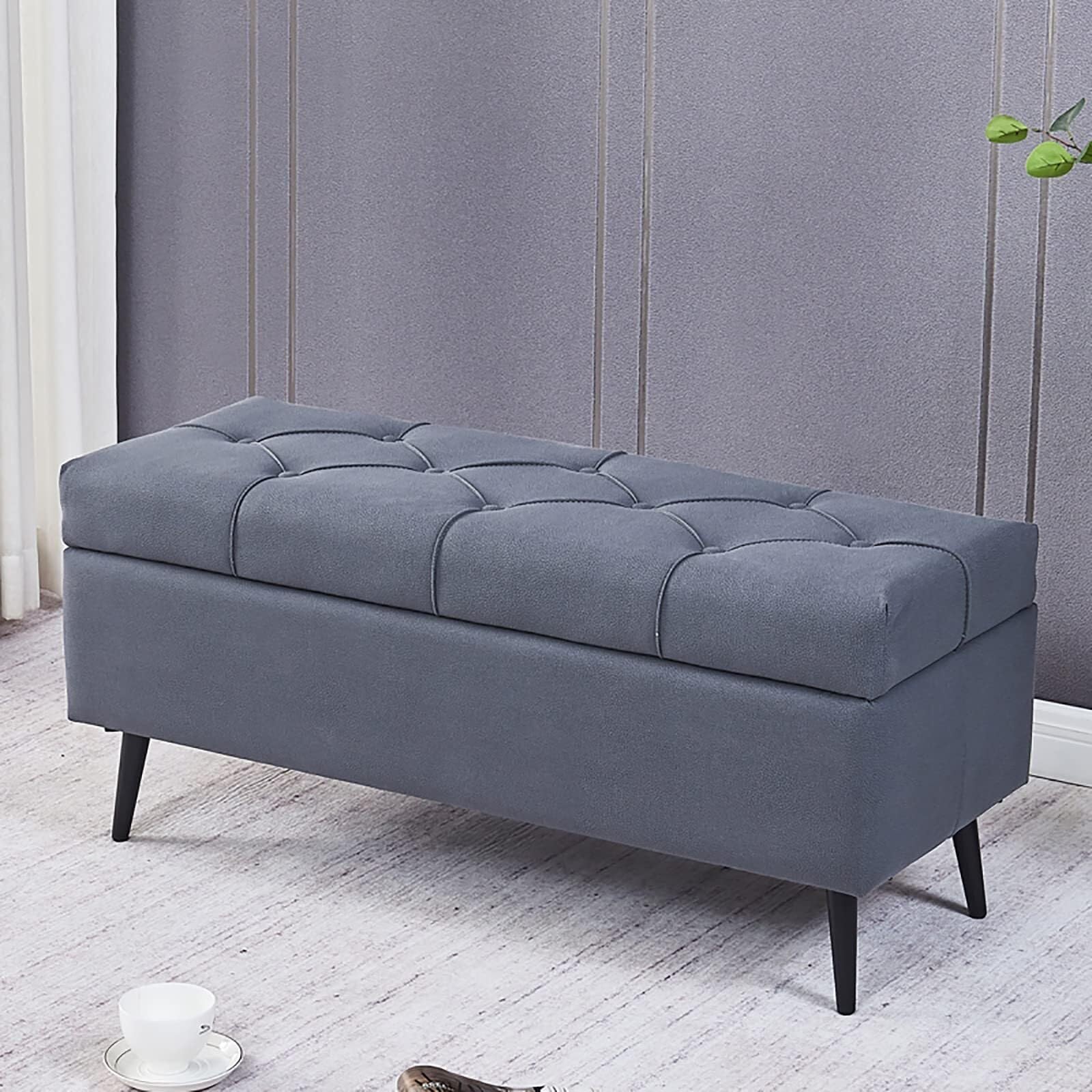 Banc de rangement capitonné avec grand coffre à chaussures gris foncé
