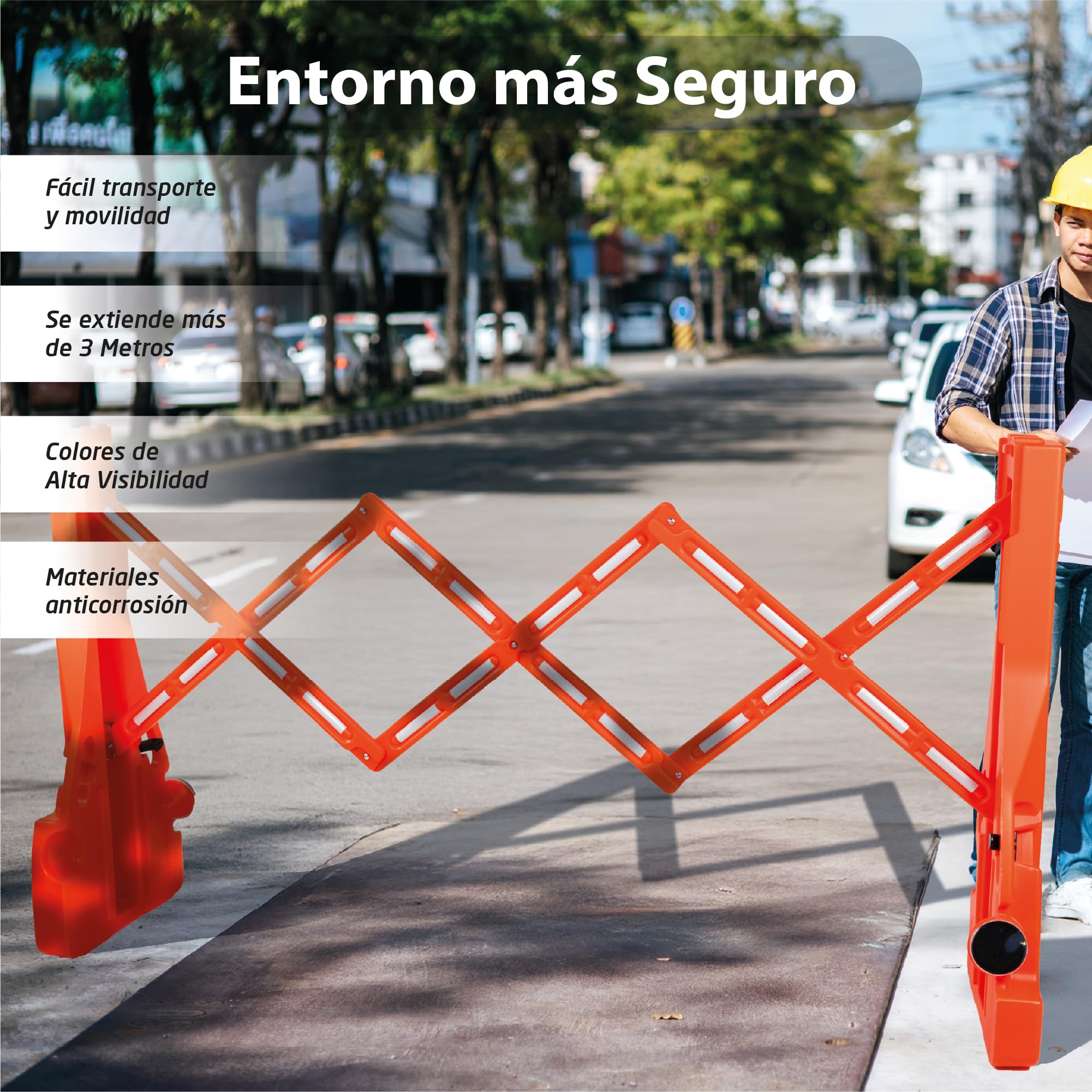 Barricada Extensible hasta 2m Rellenable y Reflectante – Vallas Extensibles de Obra – Barrera Portátil con Asa y Bloqueo para Seguridad, Construcción y Control de Espacios