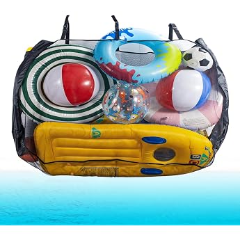 Pool Storage Pool Storage Net with Large Side Pockets & Buckles. Mesh Pool Toy Storage Adjustable Pool Toy Organiser Pool Accessories Pool Float Storage Rack Bag Black