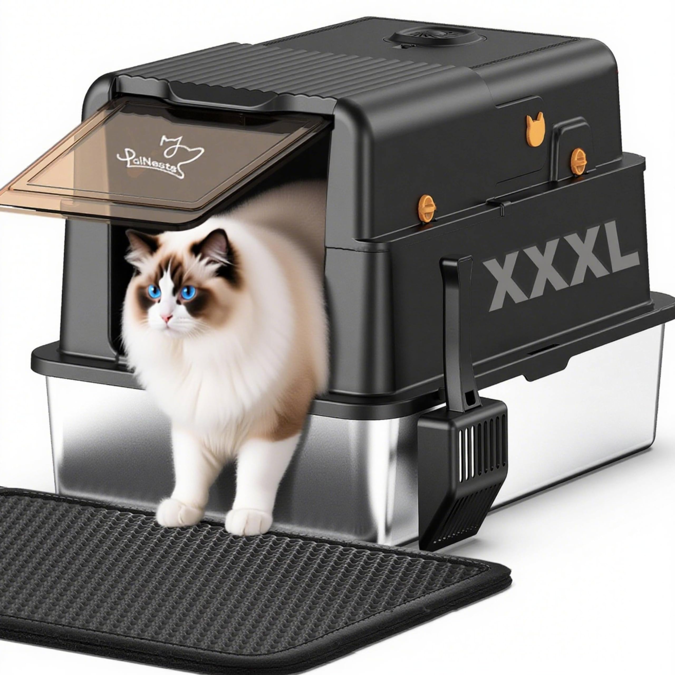 PalNests Lettiera per Gatti in Acciaio Inox, Sovradimensionato Lettiera per Gatti XXXL con Coperchio Ribaltabile a 105° e Paletta, 105L Lettiere in Metallo Rimovibile, Deodorante per Lettiere Gatto