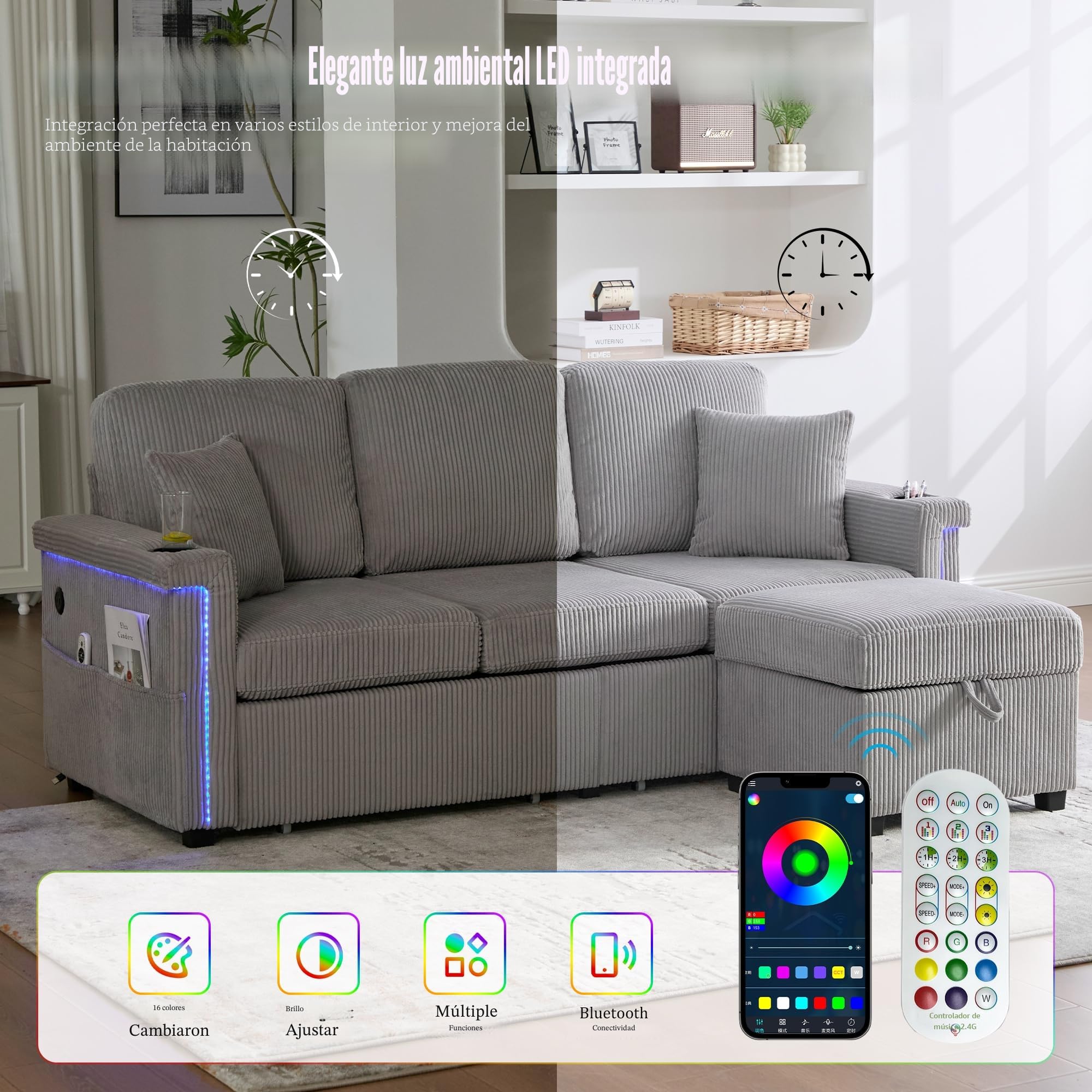 Sofá de 3 plazas, sofá en forma de L con función de dormir, iluminación LED y puerto USB-C, incluye espacio de almacenamiento, reposapiés, bolsillos laterales para salón, dormitorio, 194