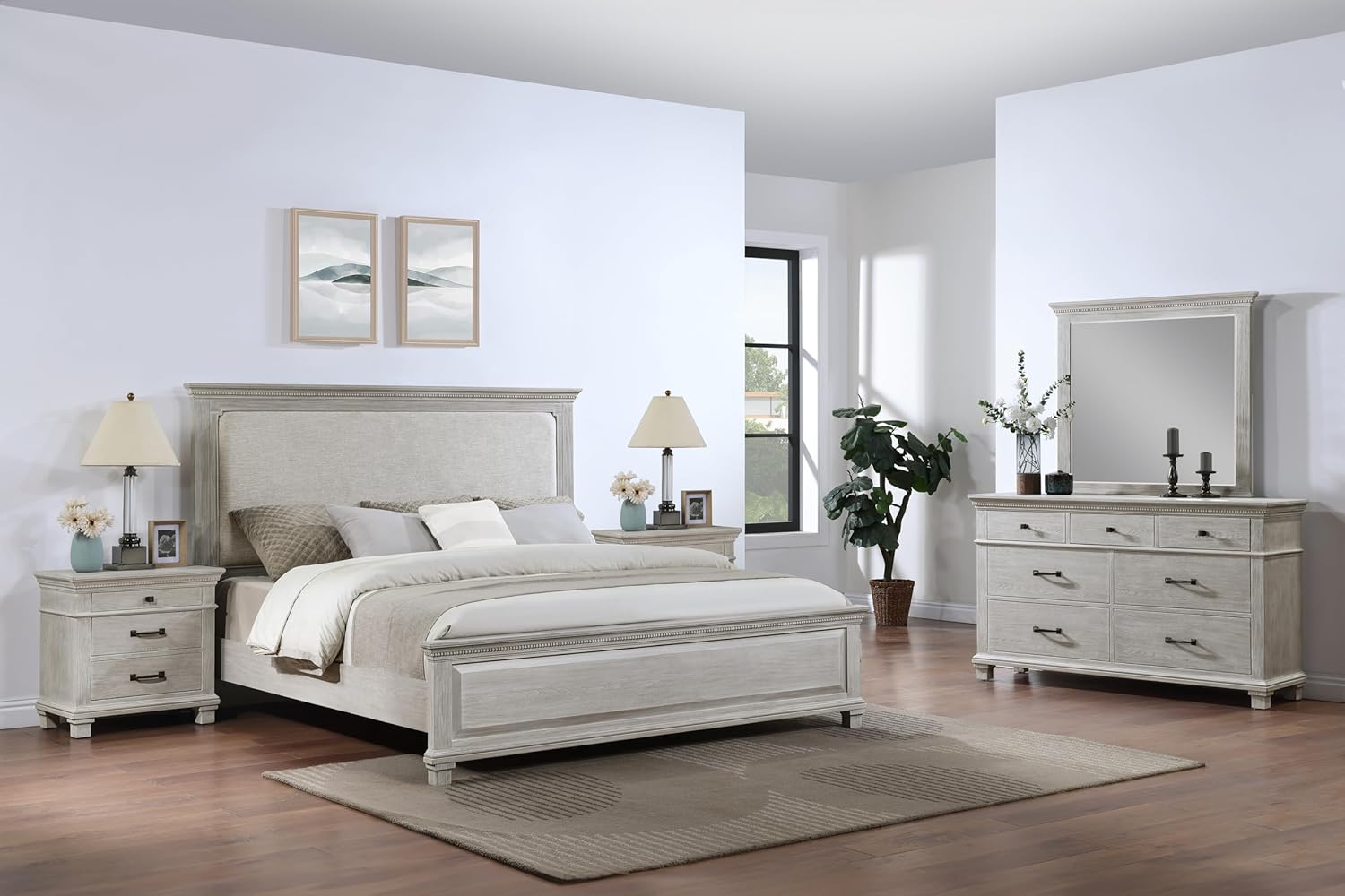 New Classic Furniture Silver Sands 5Pc Wood King Bedroom Set w 2 Ns in Gray