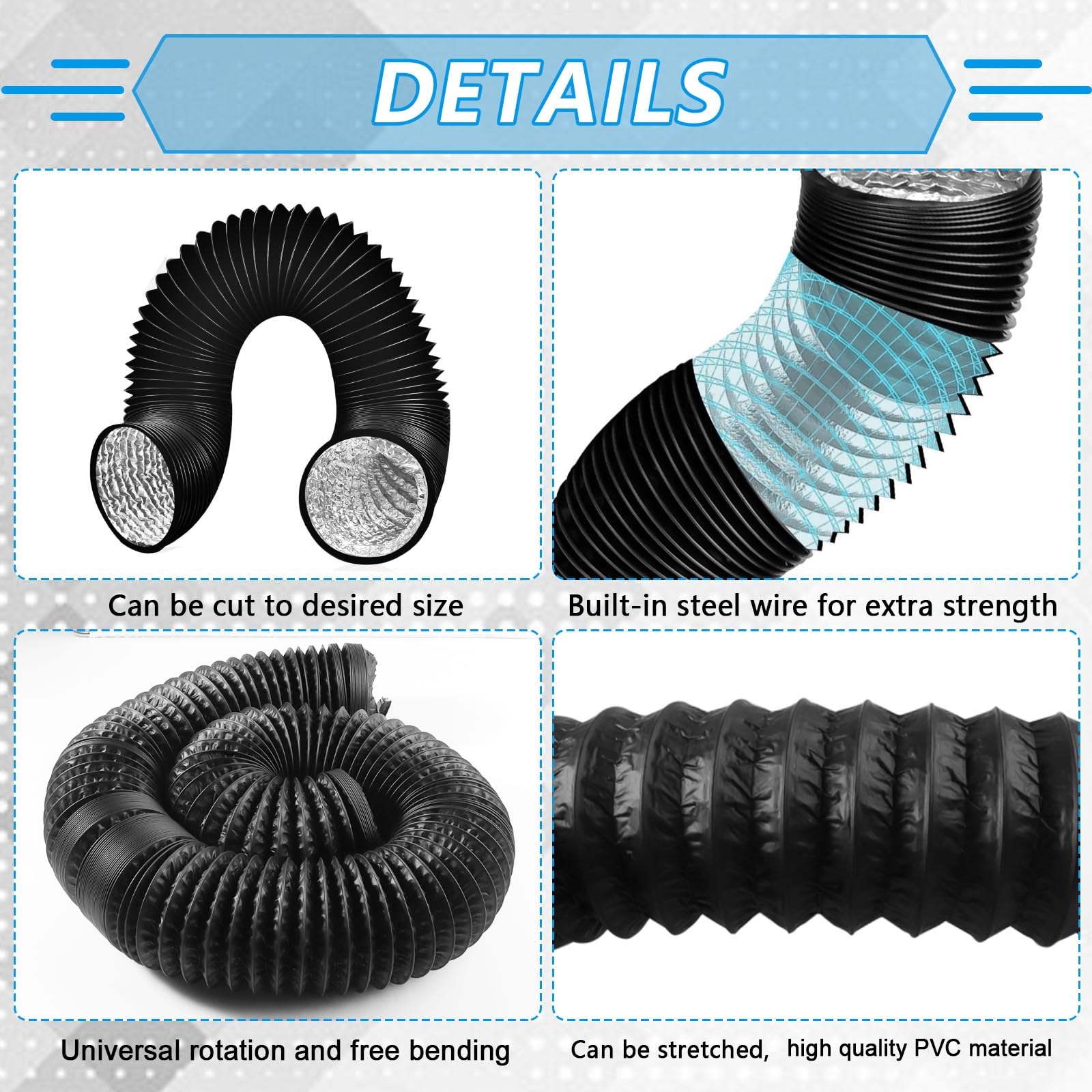 150mm Tumble Dryer Vent Hose 4.2m Long PVC Aluminium Flexible Ducting Hose with 2 Clamps,1 Volume Tape Black Air Ducting Vent for Air Conditioner HVAC Ventilation - Image 3