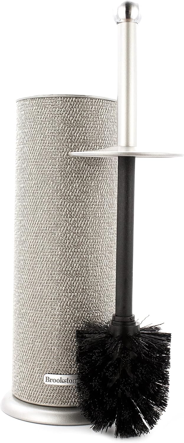 BROOKSTONE, Metallic Toilet Brush with Holder, Long Handle for Deep Bowl Cleaning, [Splash Protective Disc], Stylish Modern Space Saving Design, Leakproof Inner Container